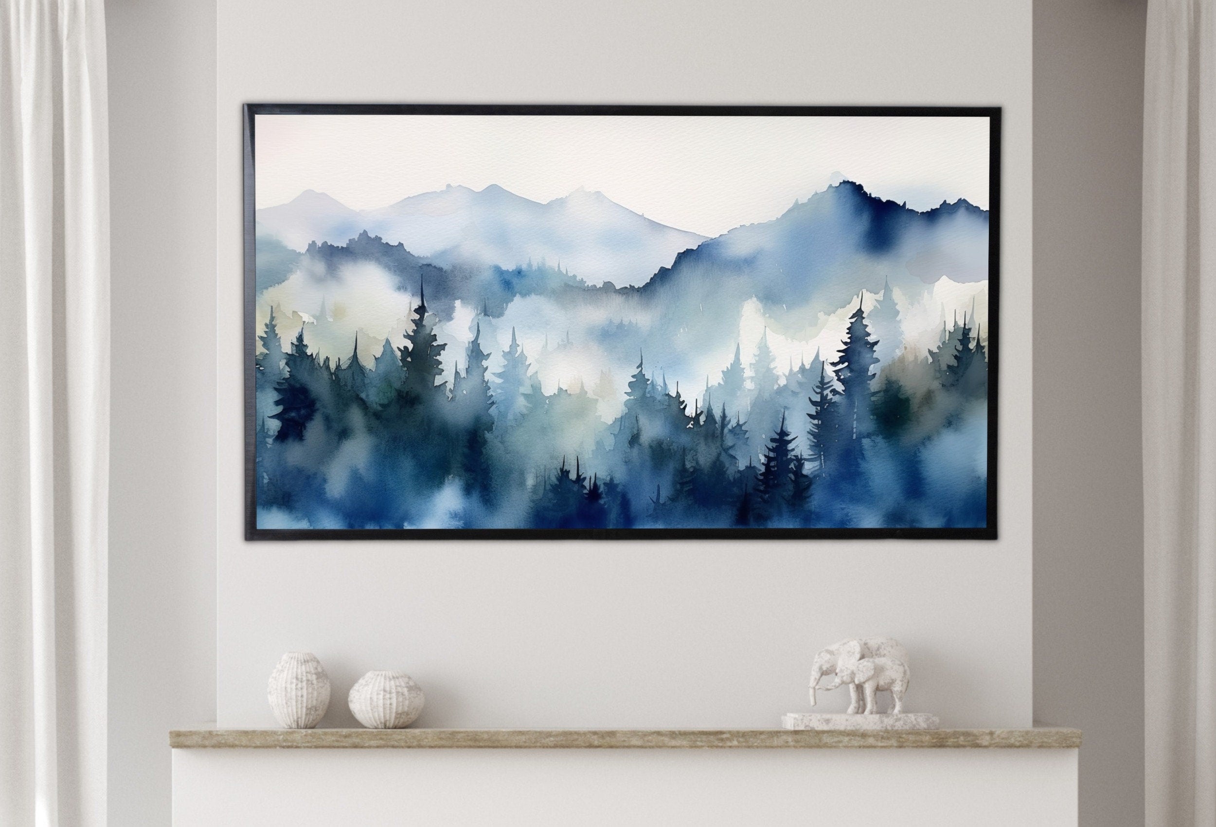 Samsung Frame TV Art 4K Blue Mountain Forest Landscape Painting. Instant Download. Abstract Forest Art for Samsung Frame TV. Art for TV