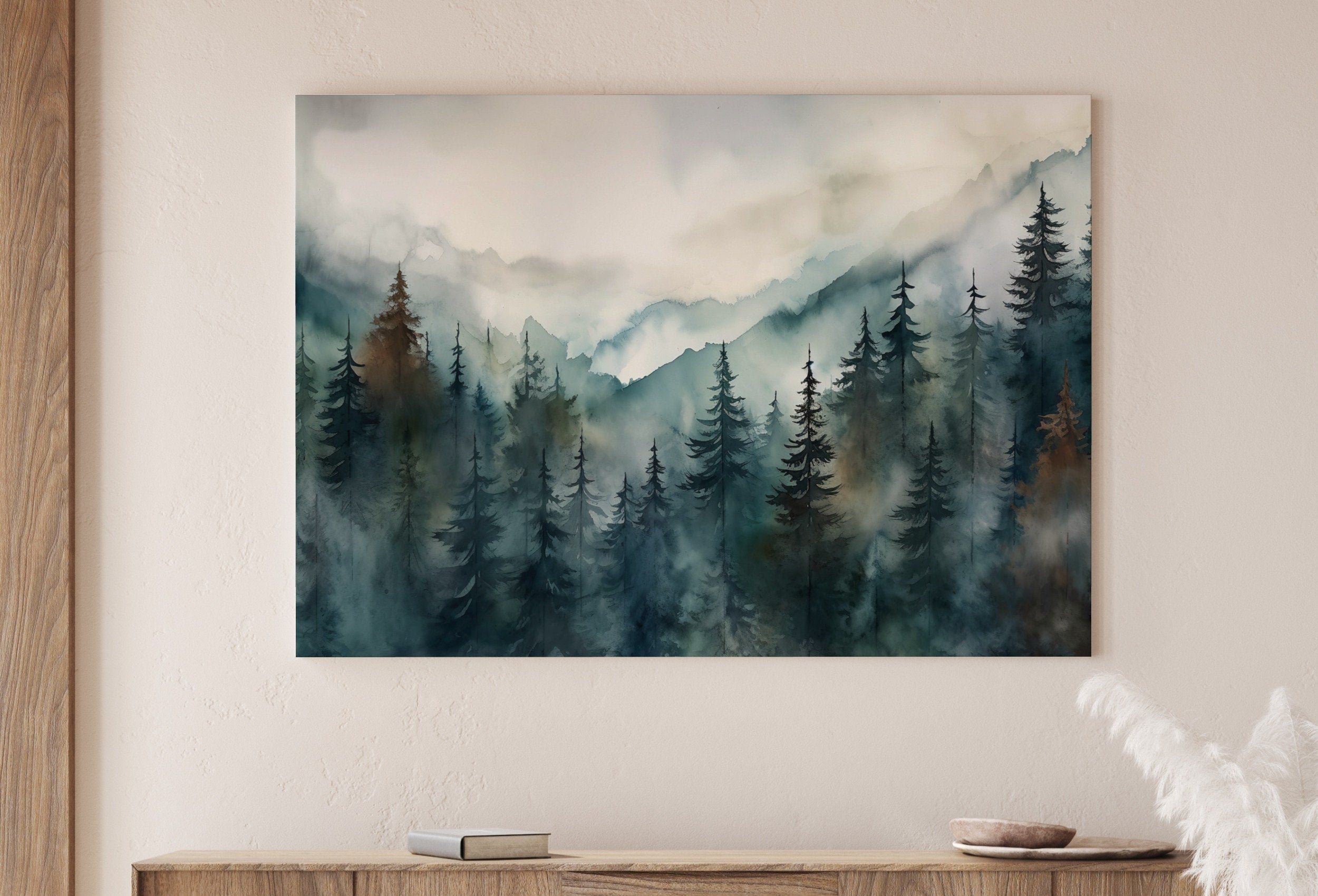 Watercolor Forest Landscape Printable. Green Forest Trees Painting Print. Printable Wall Art. Digital Art. Nature Decor. Mountain Forest Art