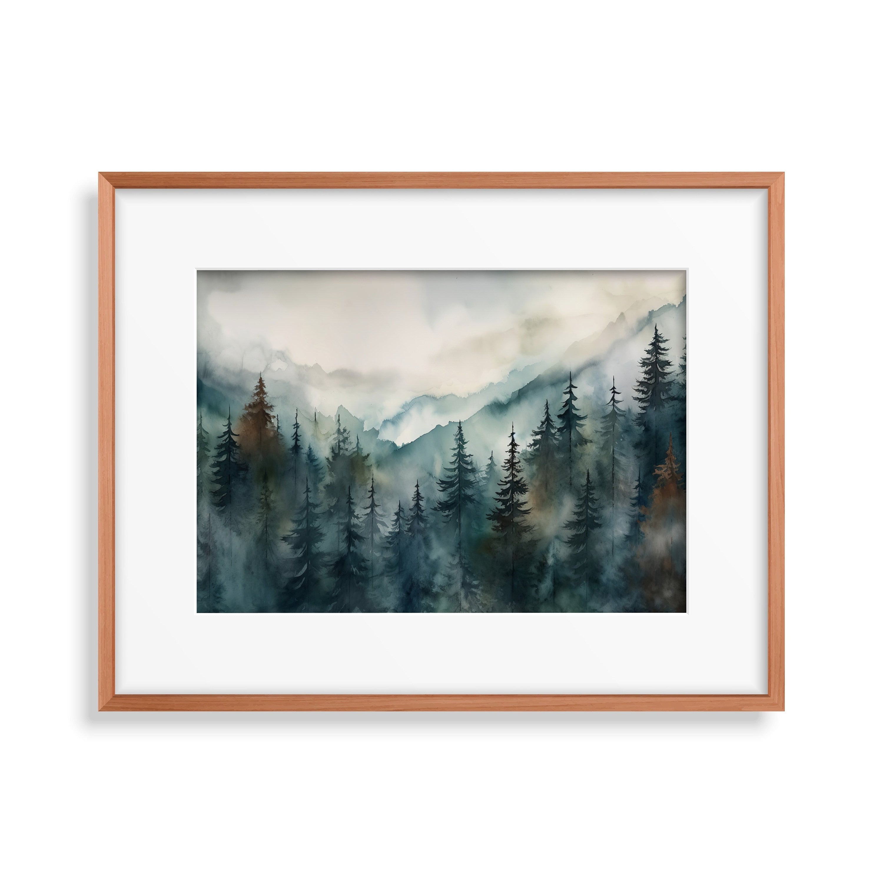 Watercolor Forest Landscape Printable. Green Forest Trees Painting Print. Printable Wall Art. Digital Art. Nature Decor. Mountain Forest Art