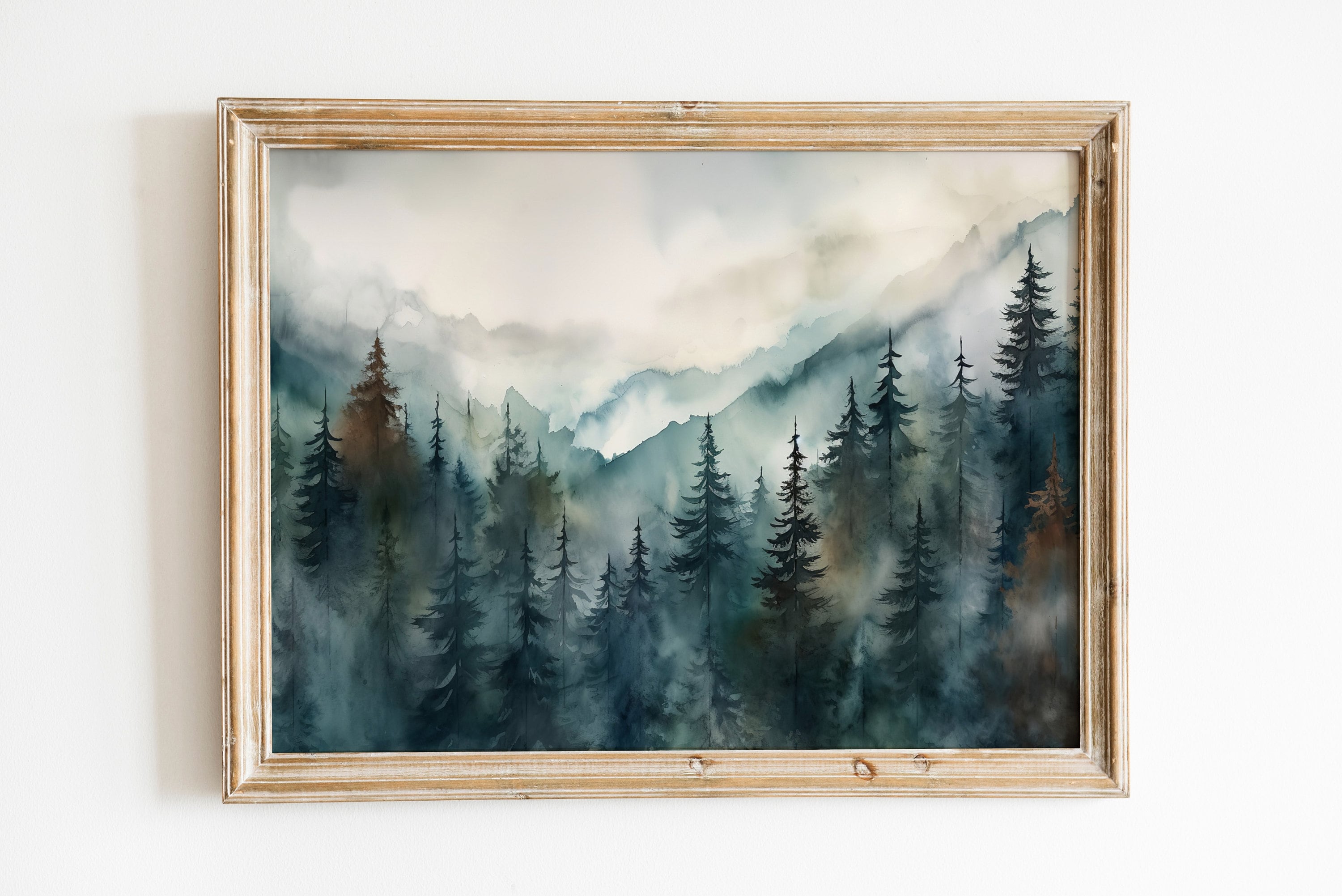 Watercolor Forest Landscape Printable. Green Forest Trees Painting Print. Printable Wall Art. Digital Art. Nature Decor. Mountain Forest Art