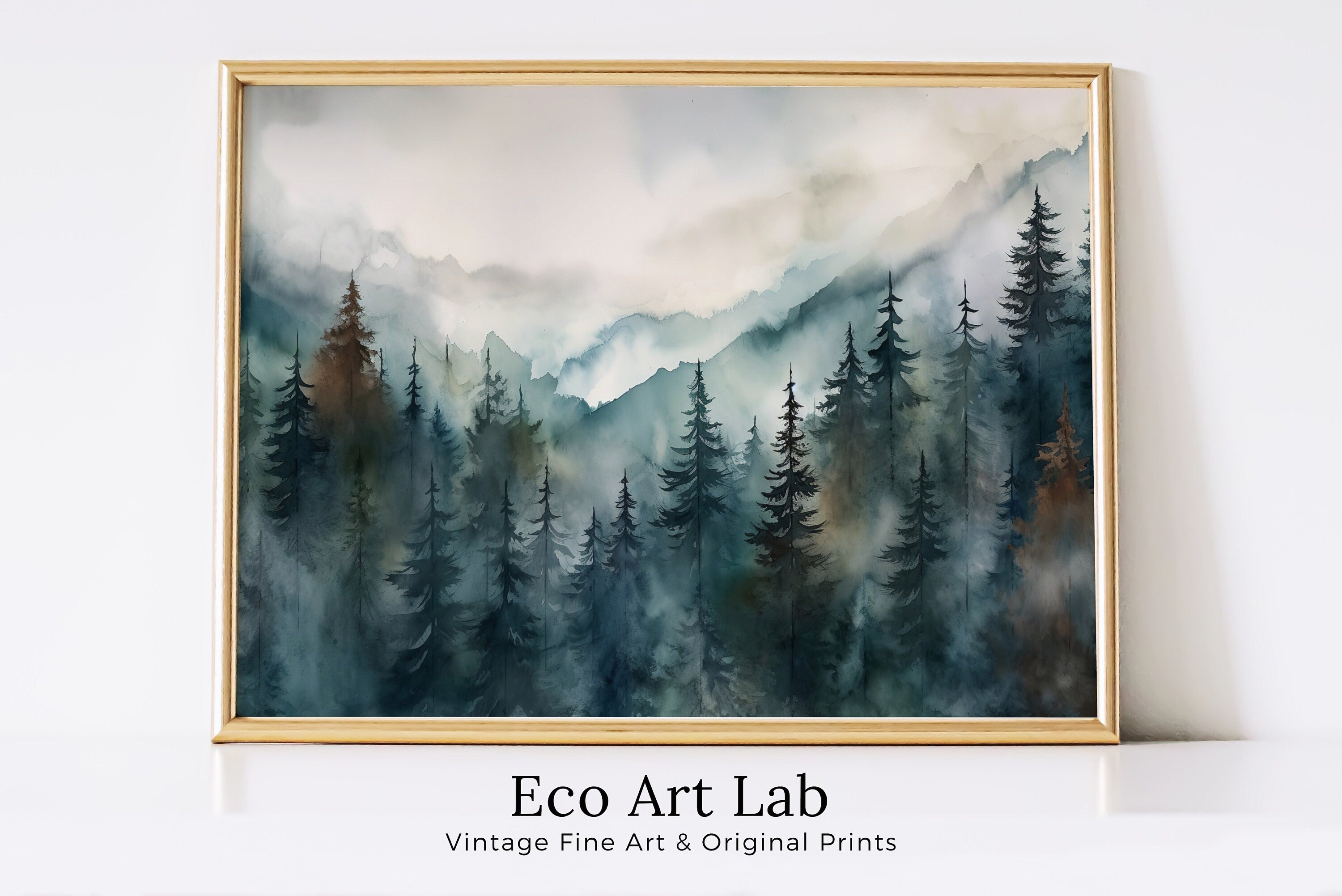 Watercolor Forest Landscape Printable. Green Forest Trees Painting Print. Printable Wall Art. Digital Art. Nature Decor. Mountain Forest Art
