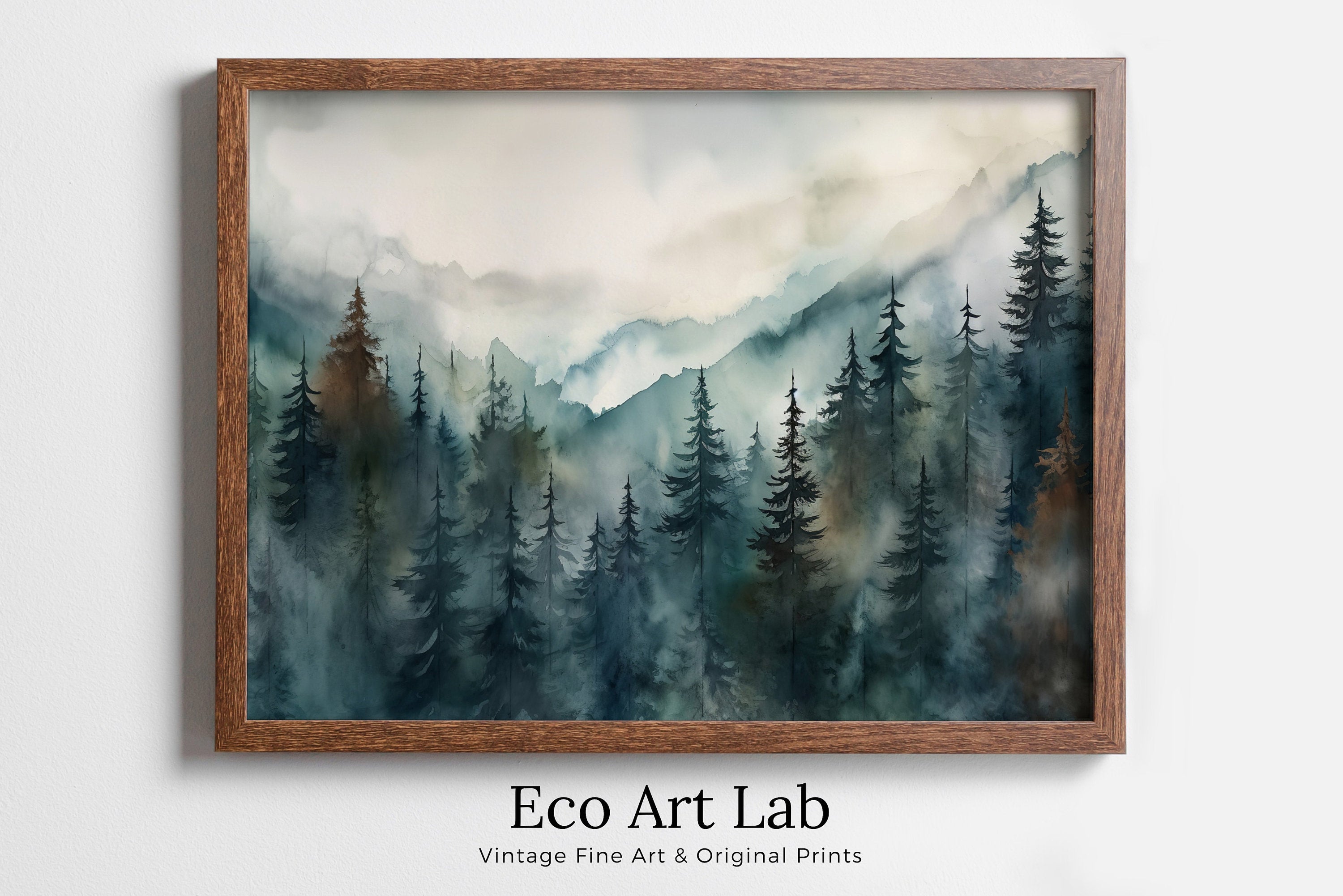 Watercolor Forest Landscape Printable. Green Forest Trees Painting Print. Printable Wall Art. Digital Art. Nature Decor. Mountain Forest Art