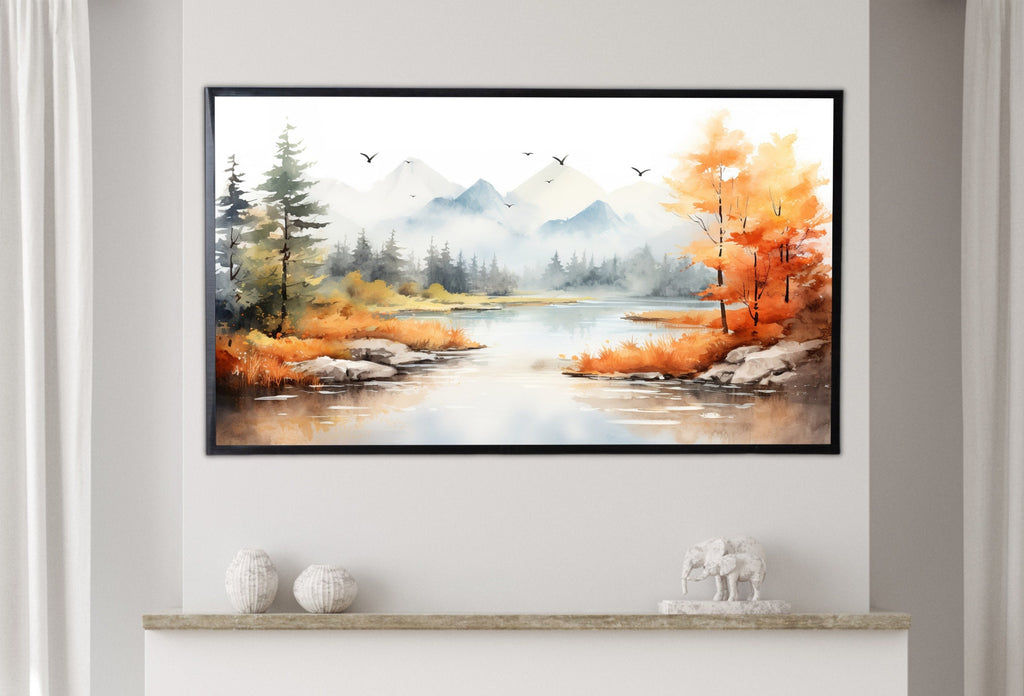 Samsung Frame TV Art 4K Mountain Lake & Forest Fall Landscape Painting. Instant Download Forest Art for Samsung Frame TV. Art for TV