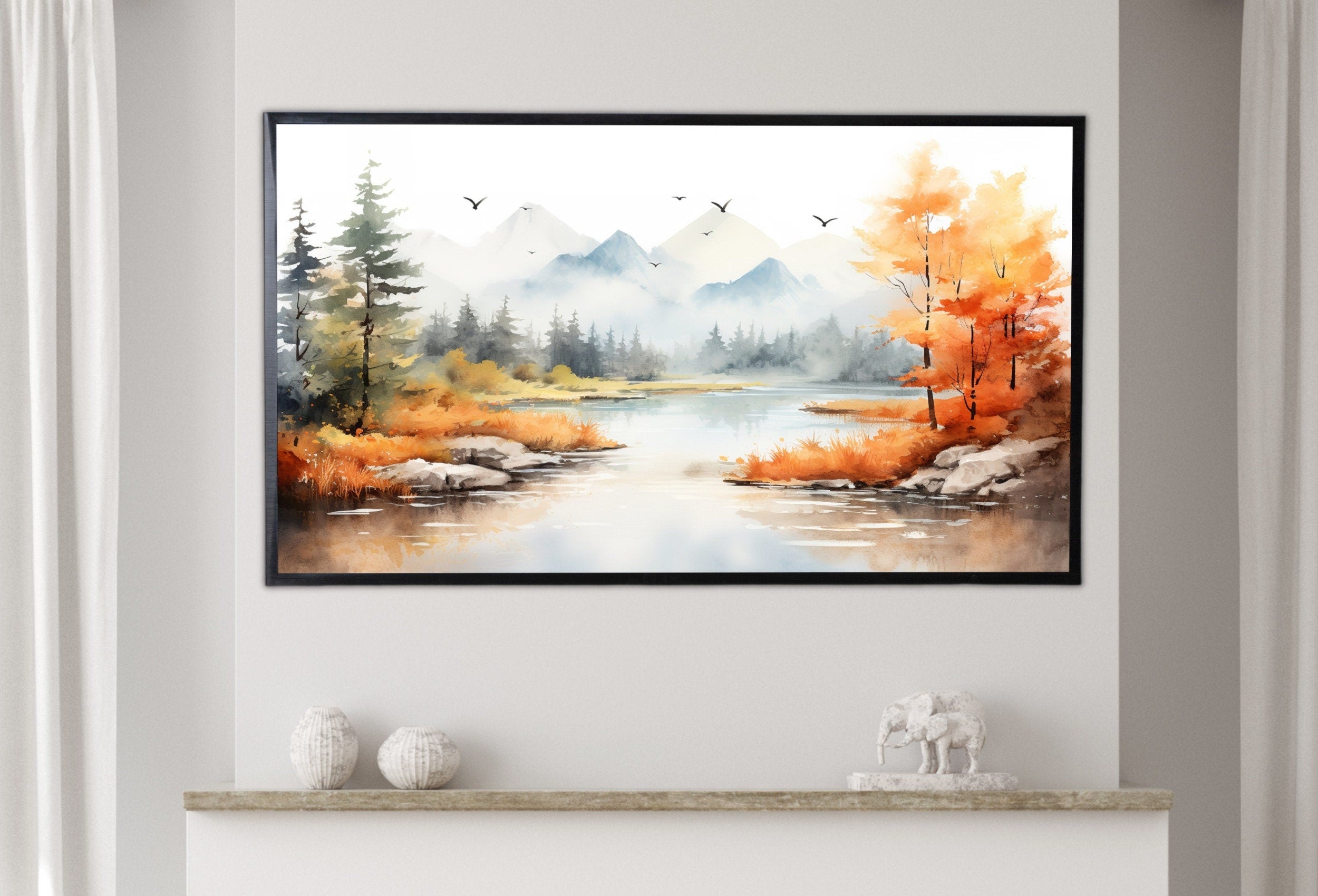 Samsung Frame TV Art 4K Mountain Lake & Forest Fall Landscape Painting. Instant Download Forest Art for Samsung Frame TV. Art for TV