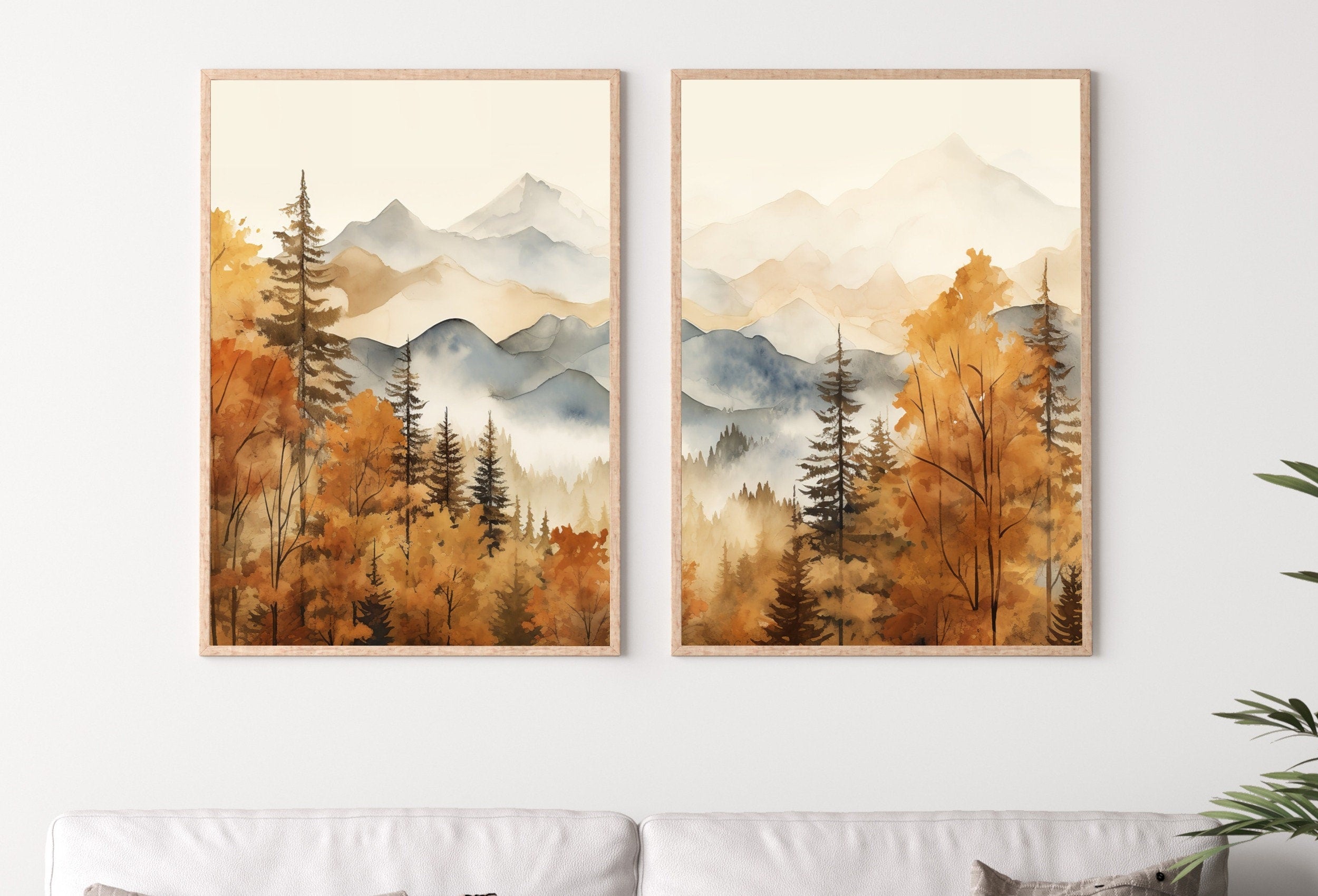 Fall Watercolor Forest Mountain Landscape Printable. Printable Wall Art. Set of 2 Prints. Autumn Forest Trees Painting. Nature Decor.