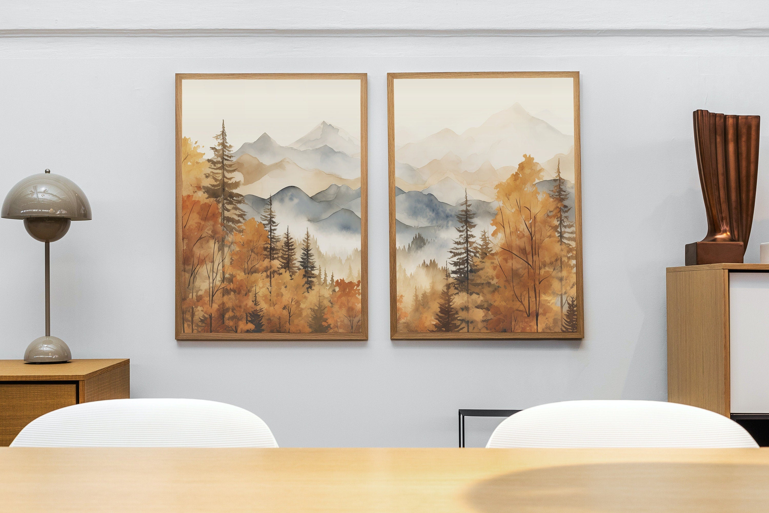 Fall Watercolor Forest Mountain Landscape Printable. Printable Wall Art. Set of 2 Prints. Autumn Forest Trees Painting. Nature Decor.