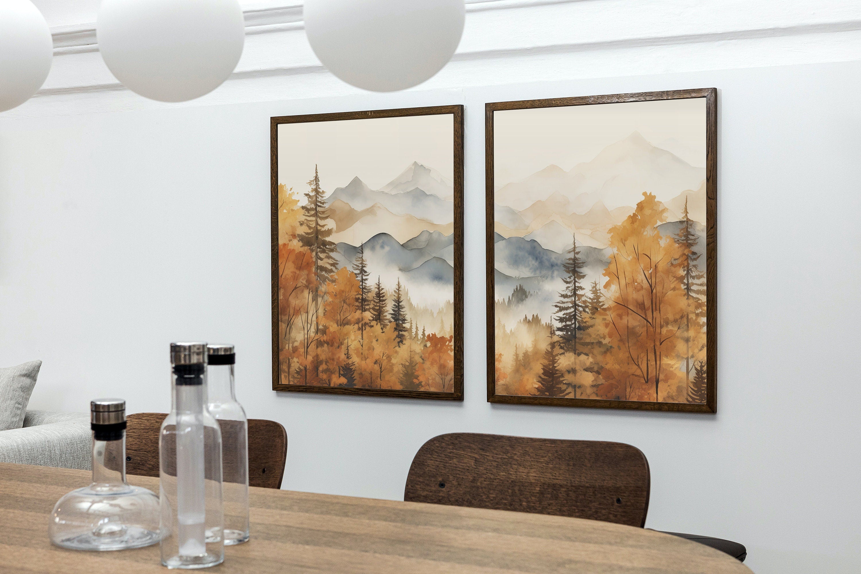 Fall Watercolor Forest Mountain Landscape Printable. Printable Wall Art. Set of 2 Prints. Autumn Forest Trees Painting. Nature Decor.