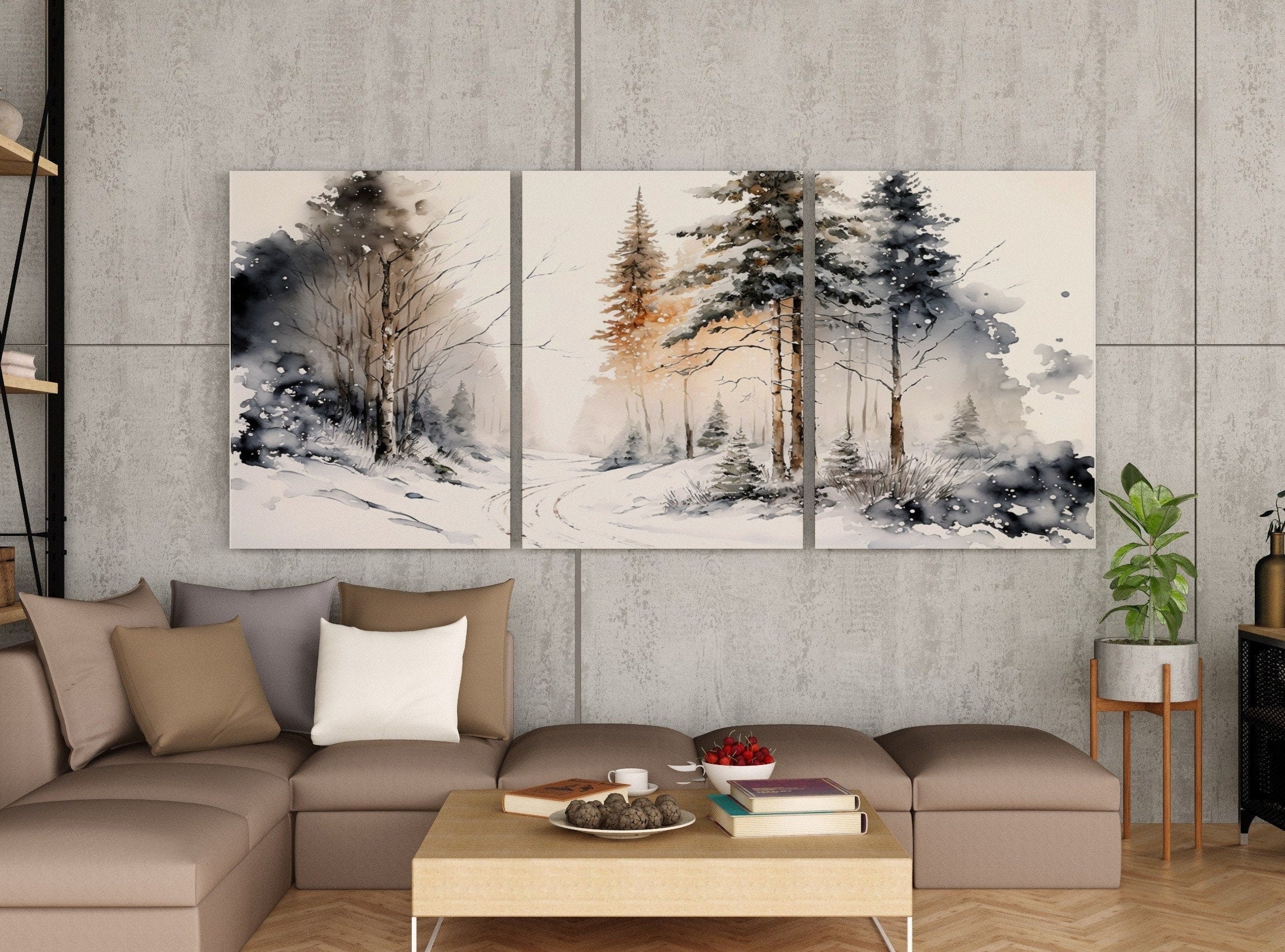 Winter Forest Landscape Printable. 3 Piece Wall Art. Snowy Forest Watercolor Painting. Printable Wall Art. Set of 3 Prints. Gallery Wall Set