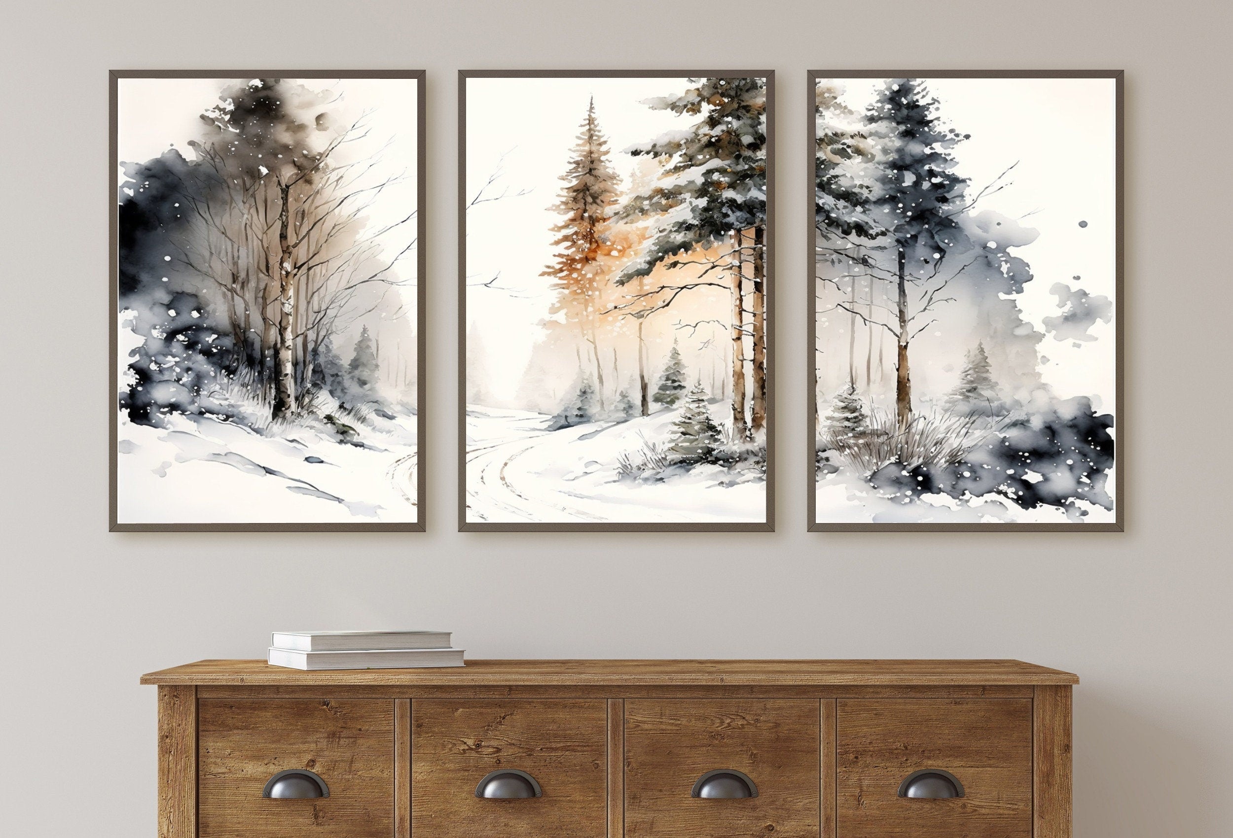 Winter Forest Landscape Printable. 3 Piece Wall Art. Snowy Forest Watercolor Painting. Printable Wall Art. Set of 3 Prints. Gallery Wall Set