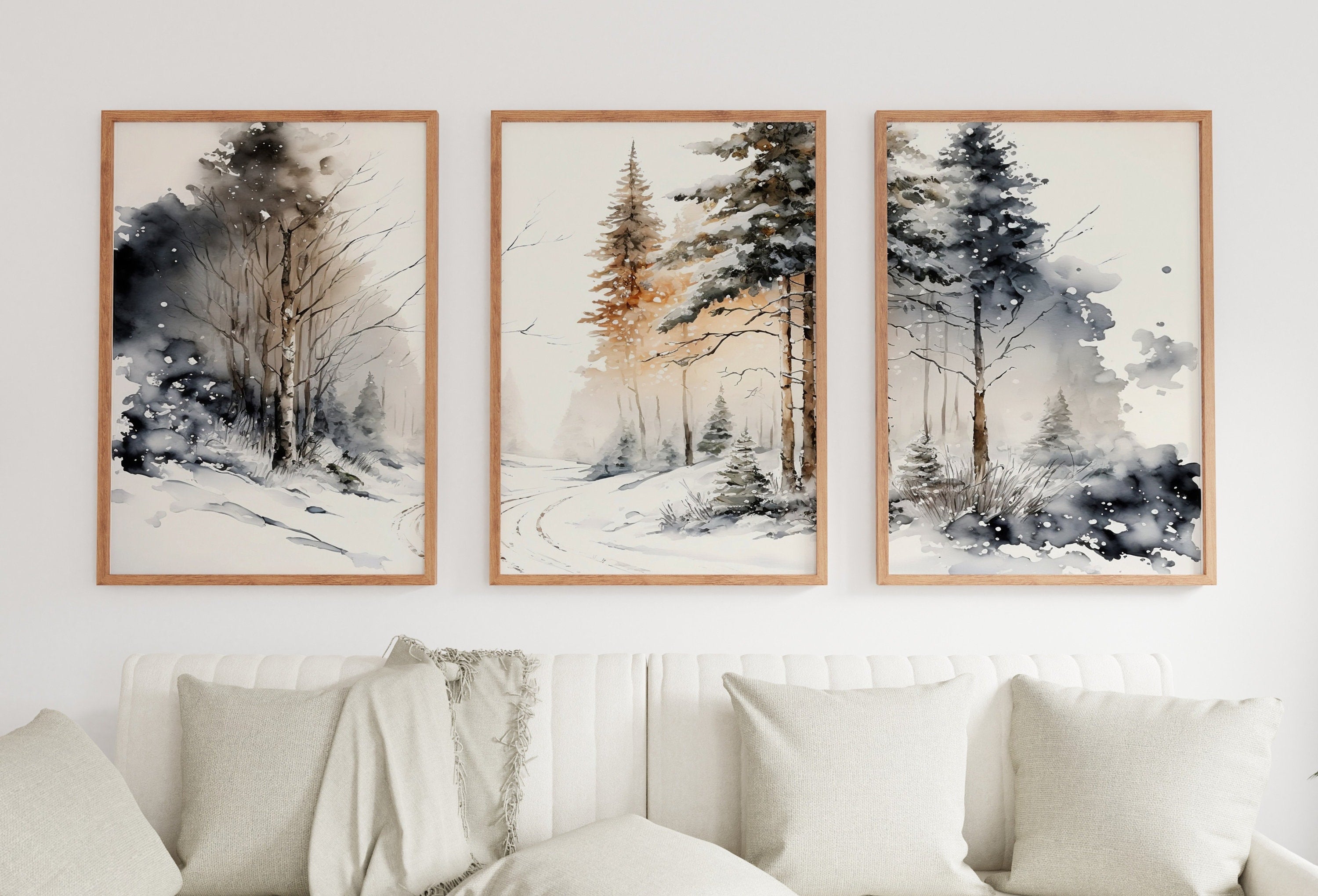 Winter Forest Landscape Printable. 3 Piece Wall Art. Snowy Forest Watercolor Painting. Printable Wall Art. Set of 3 Prints. Gallery Wall Set