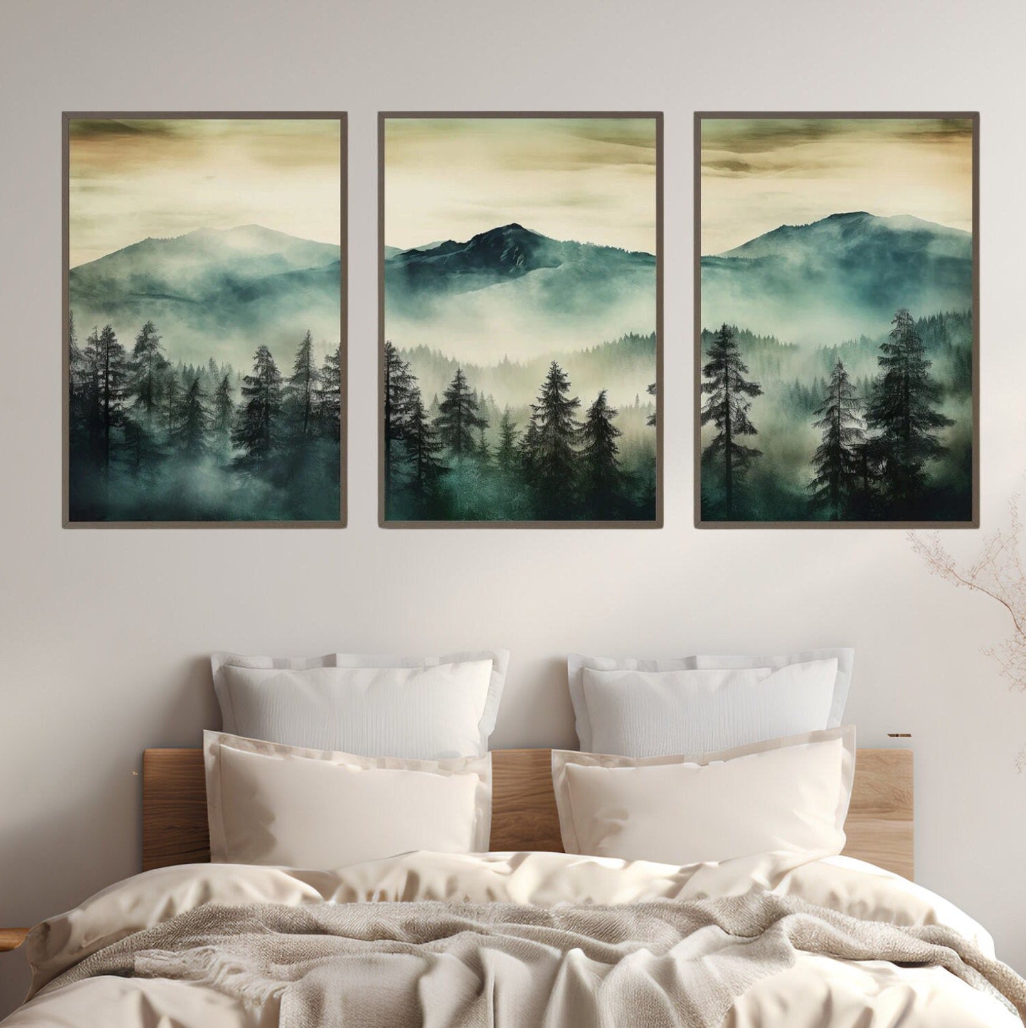 3 Piece Wall Art Sage Green Mountain | Watercolor Mountain Landscape | Abstract Nature Print | Modern Minimal Decor | Pine Forest Wall Art