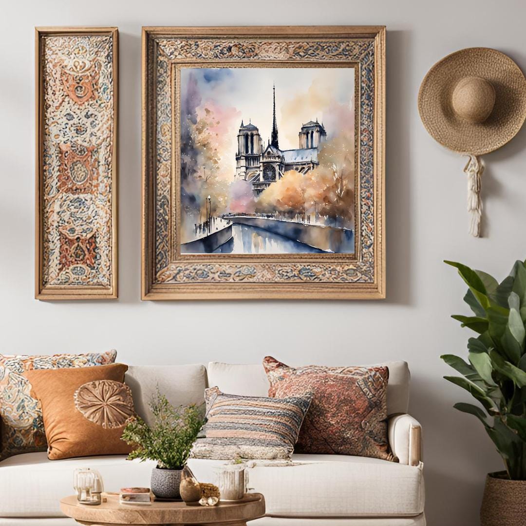 Watercolor Cityscape Art I Notre Dame Cathedral Decor I Urban Home Printable Wall Art