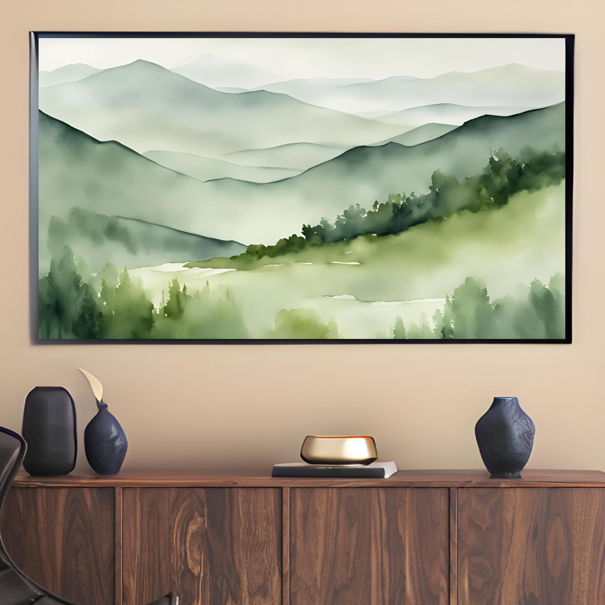 Sage Green Art For Samsung Frame TV I Watercolor Minimalist Landscape Mountains I 4K Wall Art Decor For Frame TV