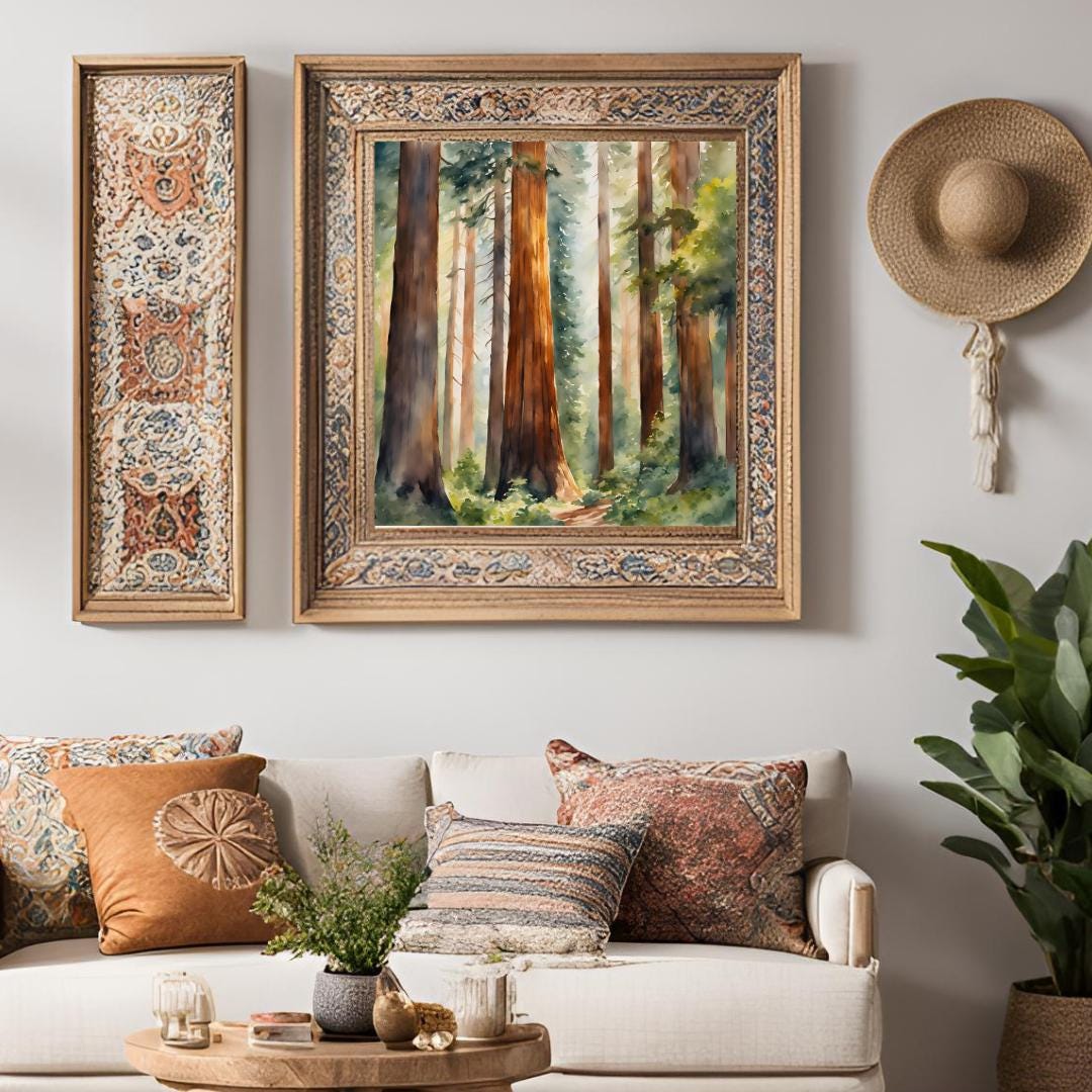 Nature Watercolor Art Printable I Sequoia Forest Wall Decor I Modern Square Home Decor