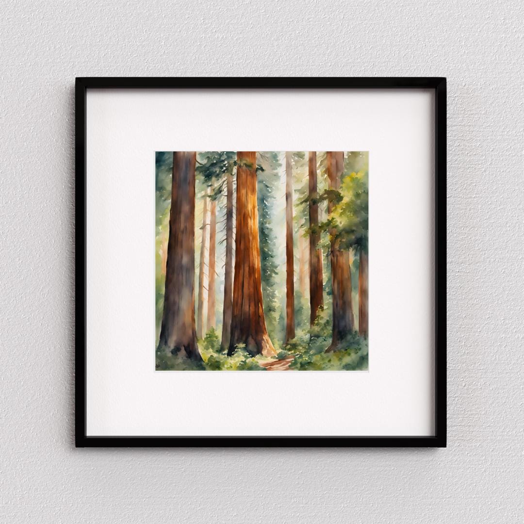 Nature Watercolor Art Printable I Sequoia Forest Wall Decor I Modern Square Home Decor