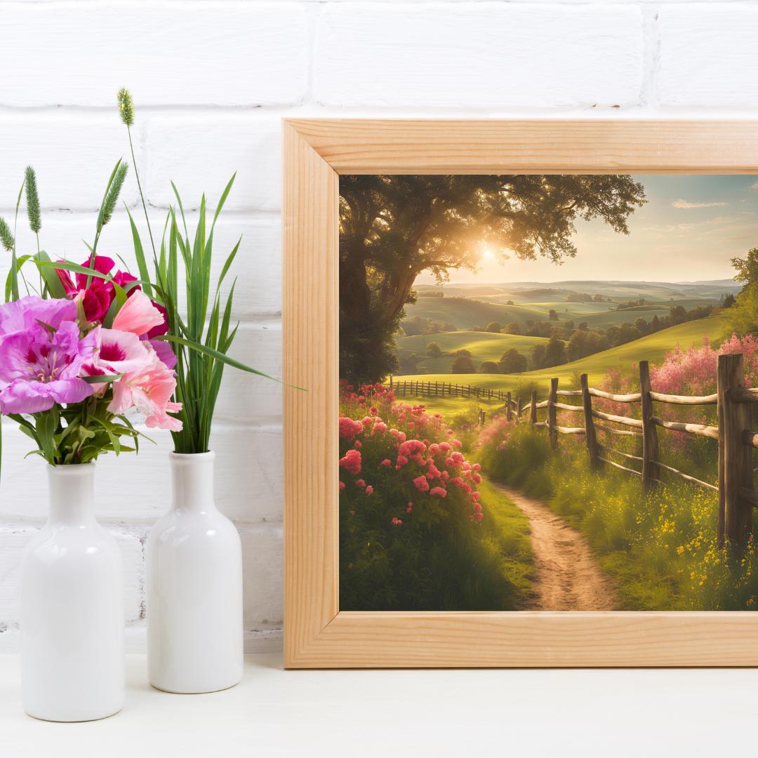 Countryside Painting Wall Art | Cottagecore Vintage Decor | Square Floral Landscape Digital Download