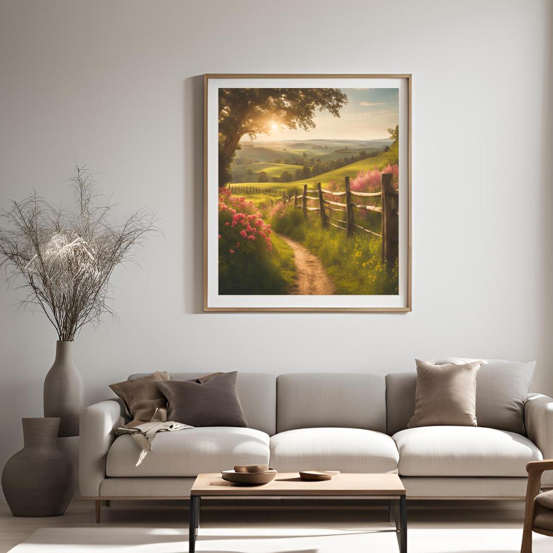 Countryside Painting Wall Art | Cottagecore Vintage Decor | Square Floral Landscape Digital Download