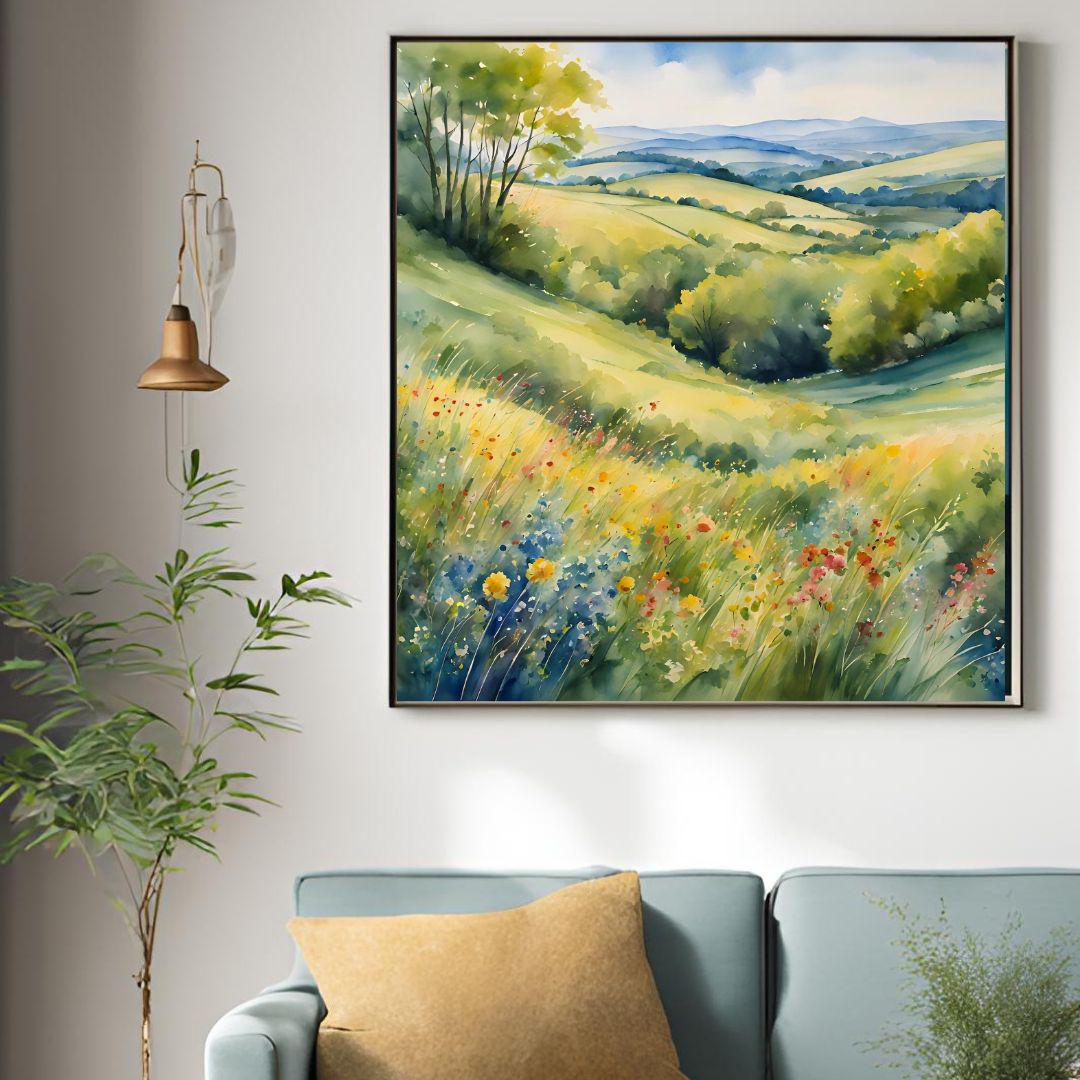 Watercolor Painting Printable Art I Countryside Floral Design I Colorful Square Format Wall Decor