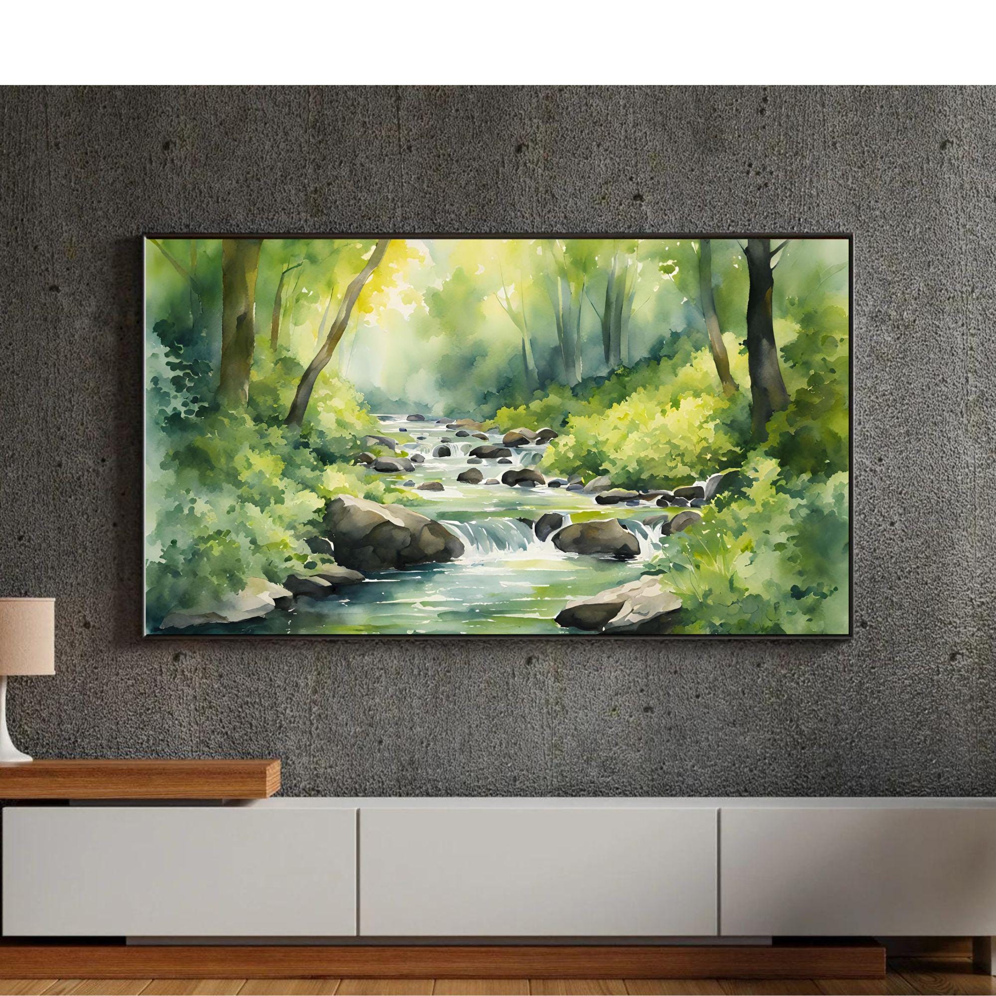 Forest River Art For Frame TV. Watercolor Nature 4K Art Design. River Scene Decor For Samsung Frame TV