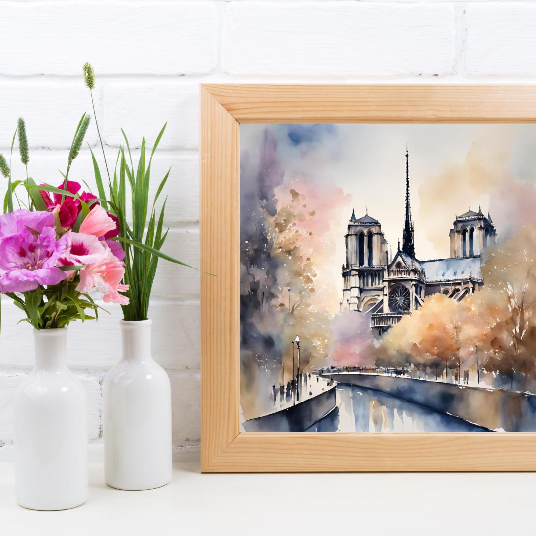 Watercolor Cityscape Art I Notre Dame Cathedral Decor I Urban Home Printable Wall Art