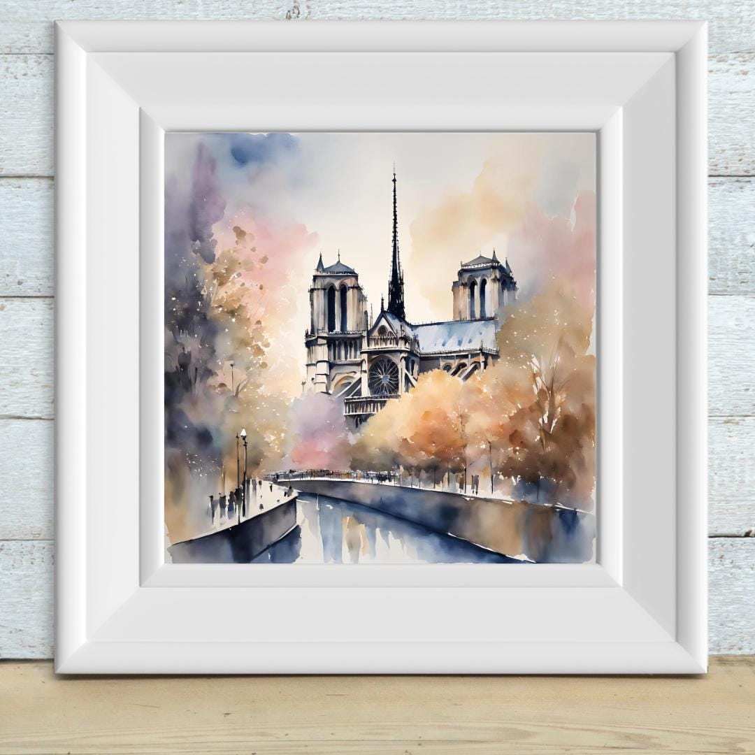 Watercolor Cityscape Art I Notre Dame Cathedral Decor I Urban Home Printable Wall Art