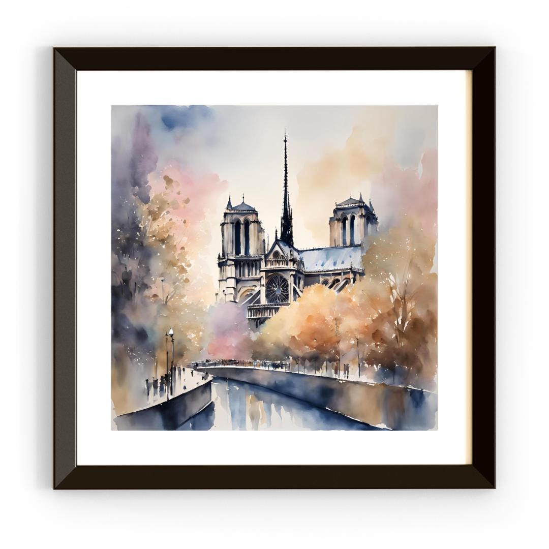 Watercolor Cityscape Art I Notre Dame Cathedral Decor I Urban Home Printable Wall Art