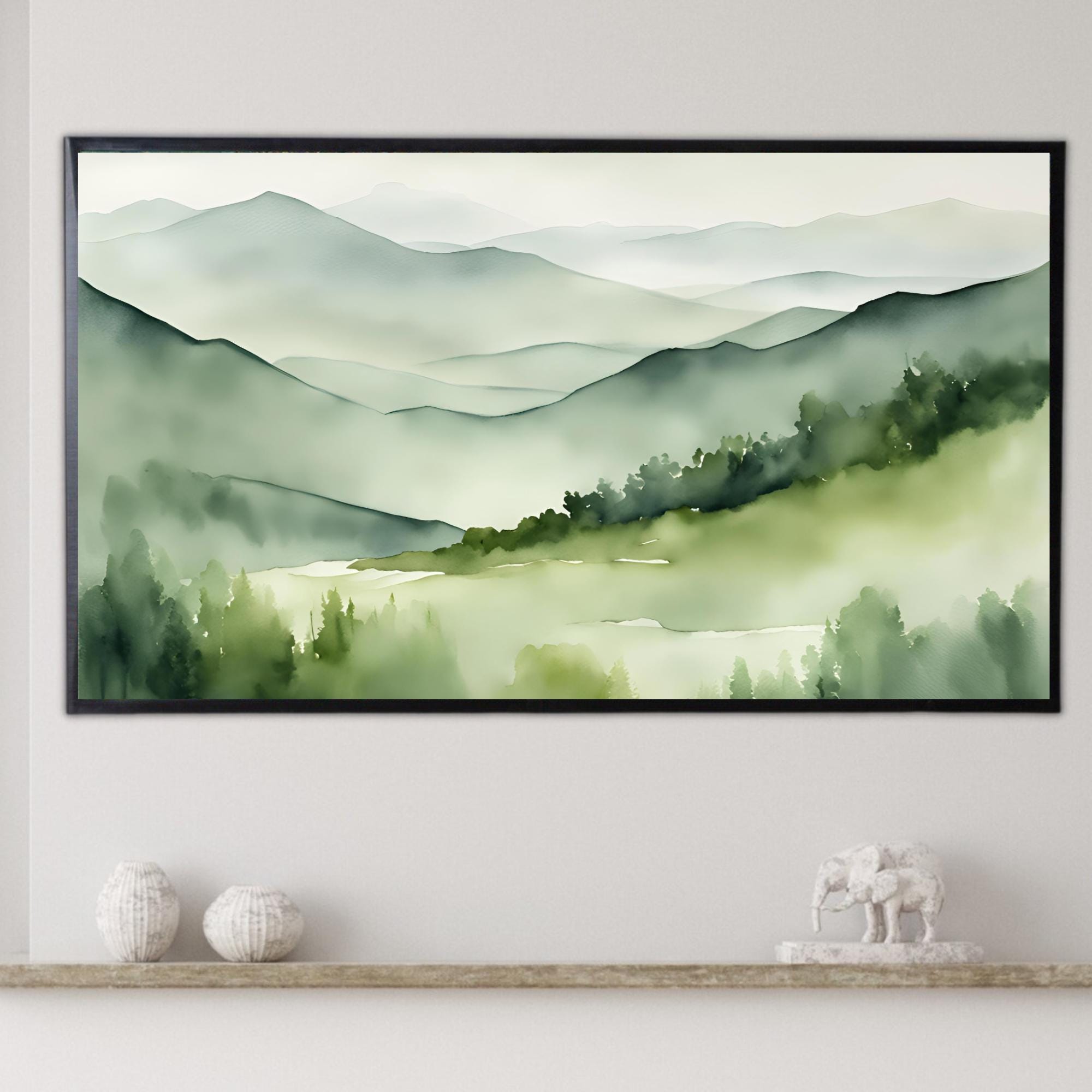 Sage Green Art For Samsung Frame TV I Watercolor Minimalist Landscape Mountains I 4K Wall Art Decor For Frame TV