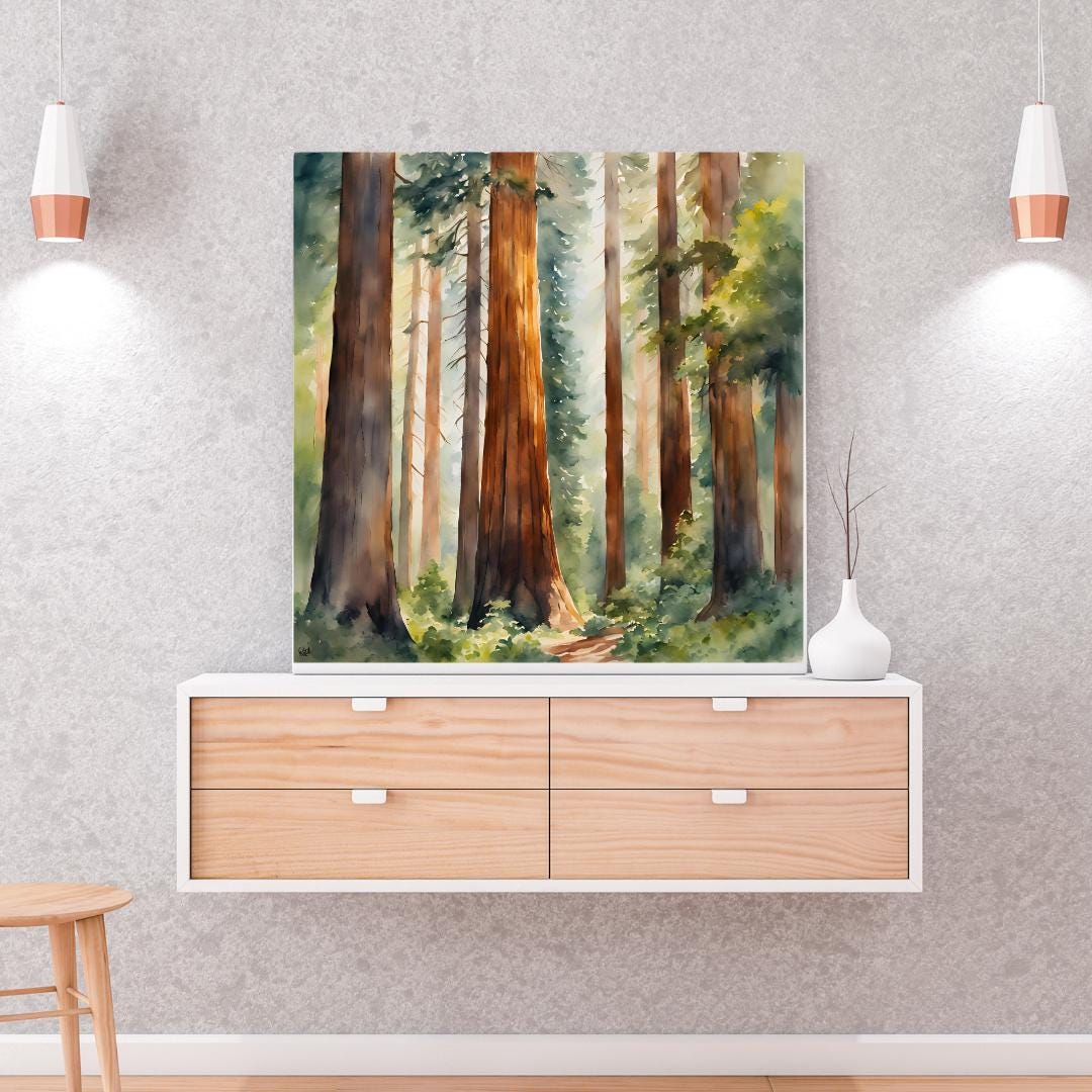 Nature Watercolor Art Printable I Sequoia Forest Wall Decor I Modern Square Home Decor