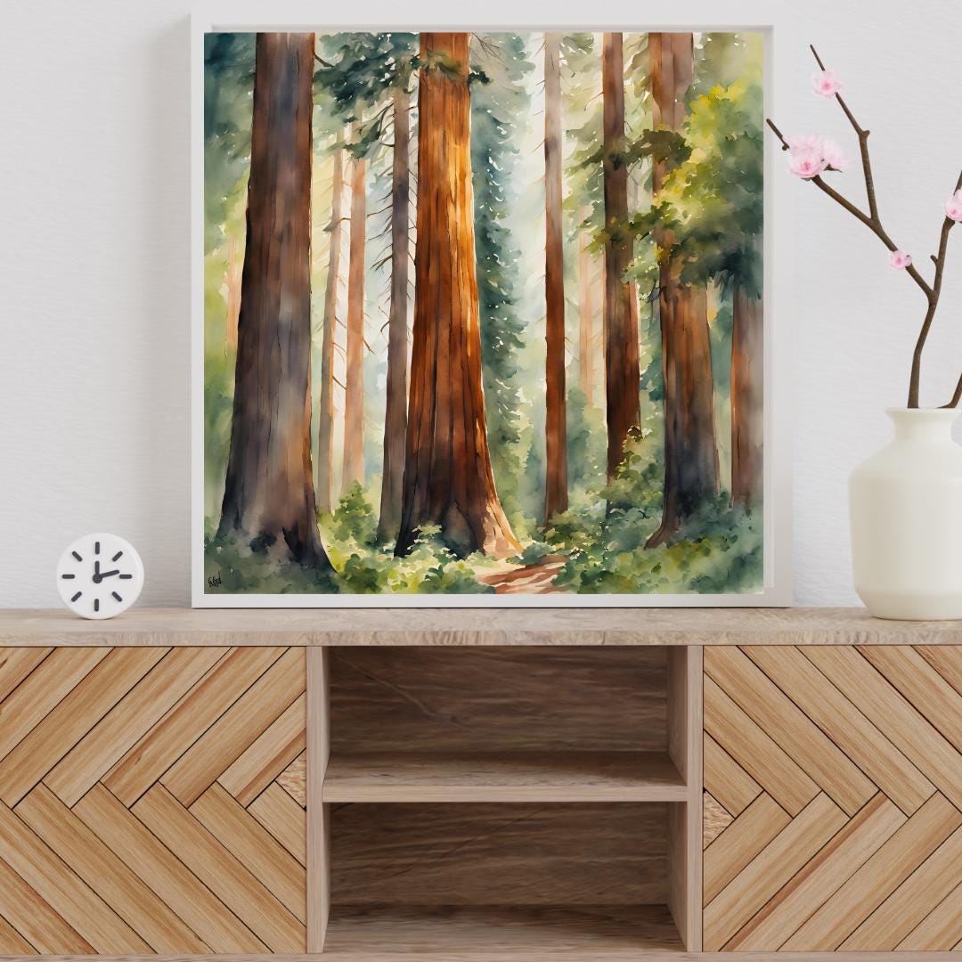 Nature Watercolor Art Printable I Sequoia Forest Wall Decor I Modern Square Home Decor