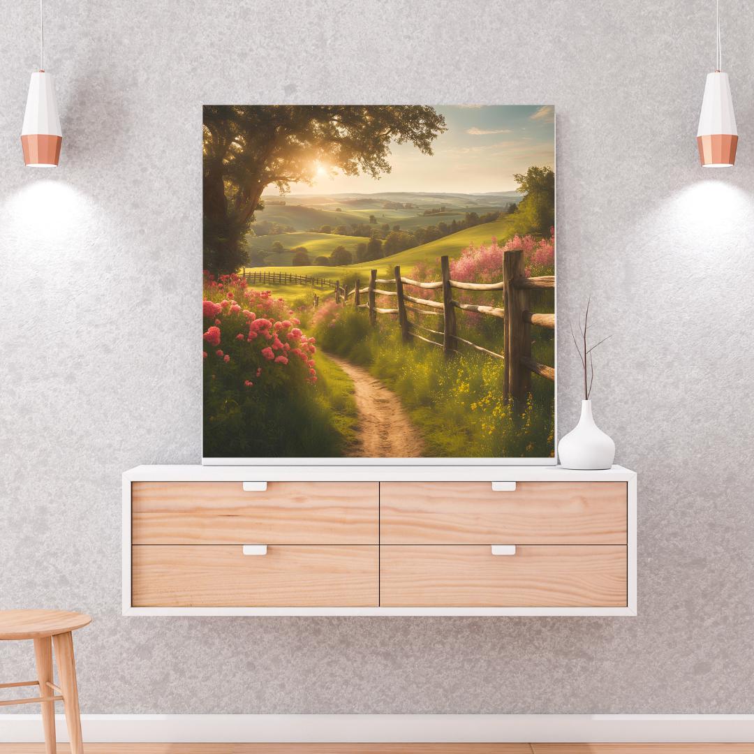 Countryside Painting Wall Art | Cottagecore Vintage Decor | Square Floral Landscape Digital Download