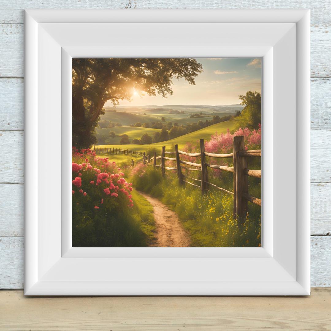 Countryside Painting Wall Art | Cottagecore Vintage Decor | Square Floral Landscape Digital Download