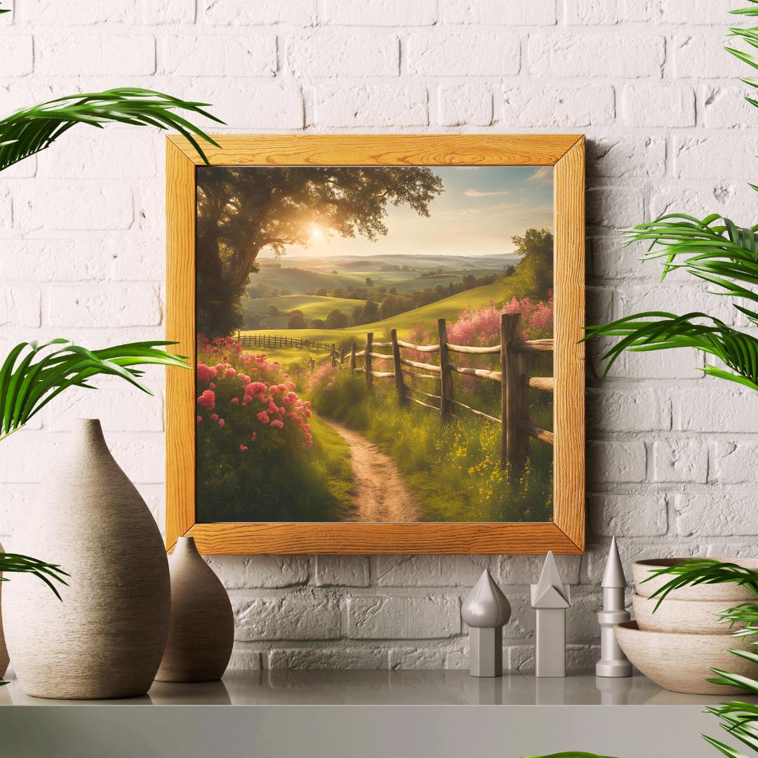 Countryside Painting Wall Art | Cottagecore Vintage Decor | Square Floral Landscape Digital Download