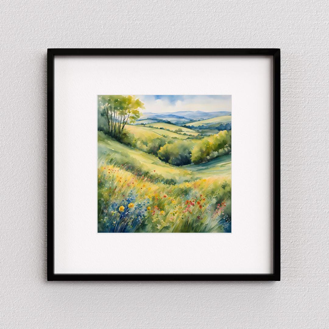 Watercolor Painting Printable Art I Countryside Floral Design I Colorful Square Format Wall Decor
