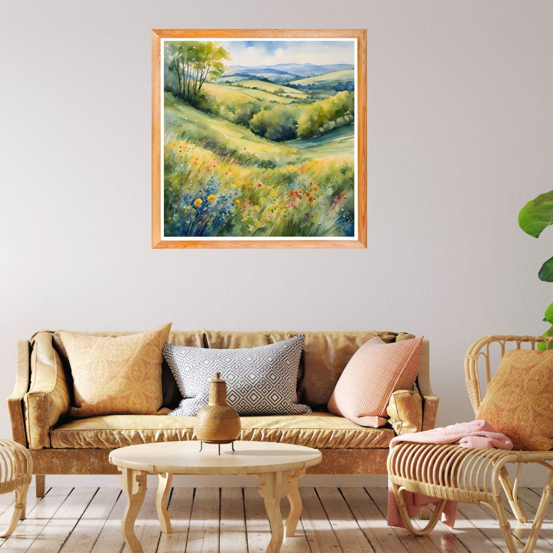 Watercolor Painting Printable Art I Countryside Floral Design I Colorful Square Format Wall Decor