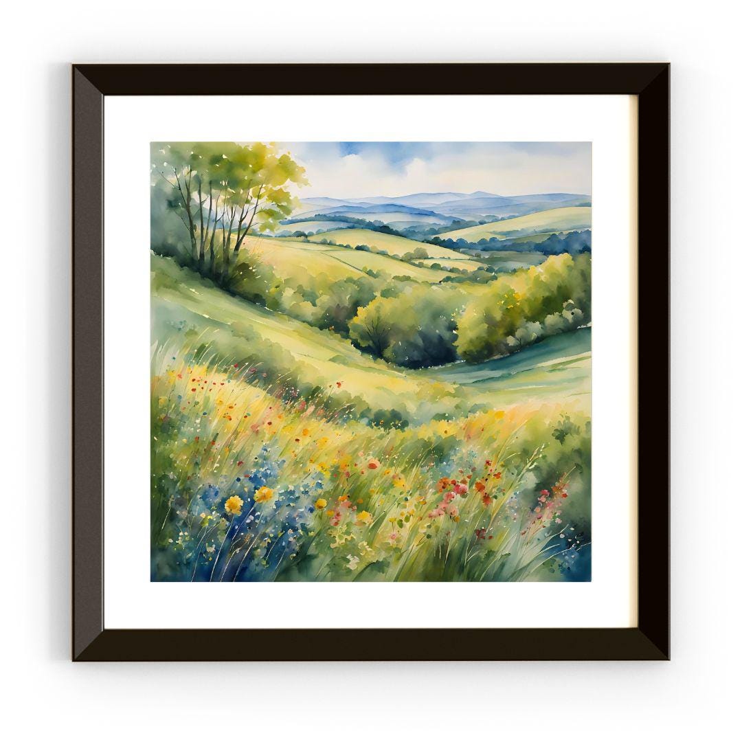 Watercolor Painting Printable Art I Countryside Floral Design I Colorful Square Format Wall Decor