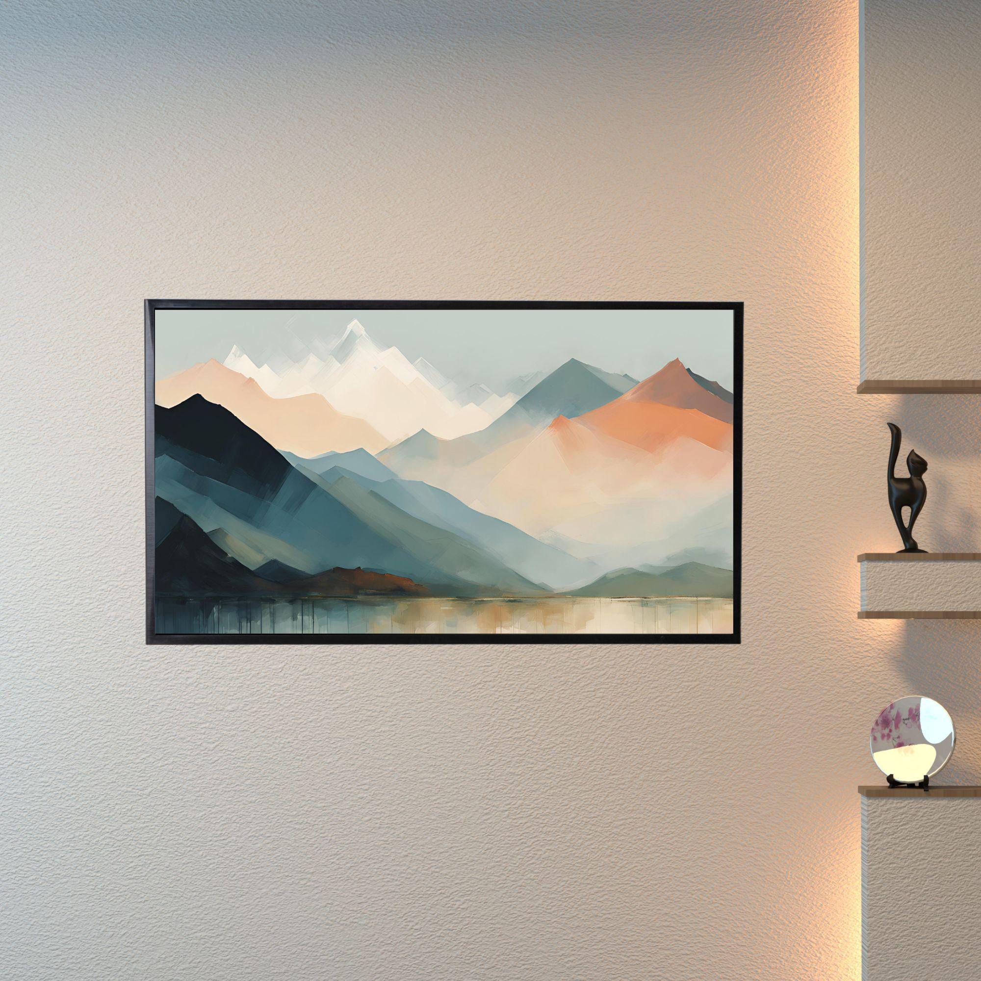Mountains Lake Art. 4K View Landscape. Modern Frame TV Decor