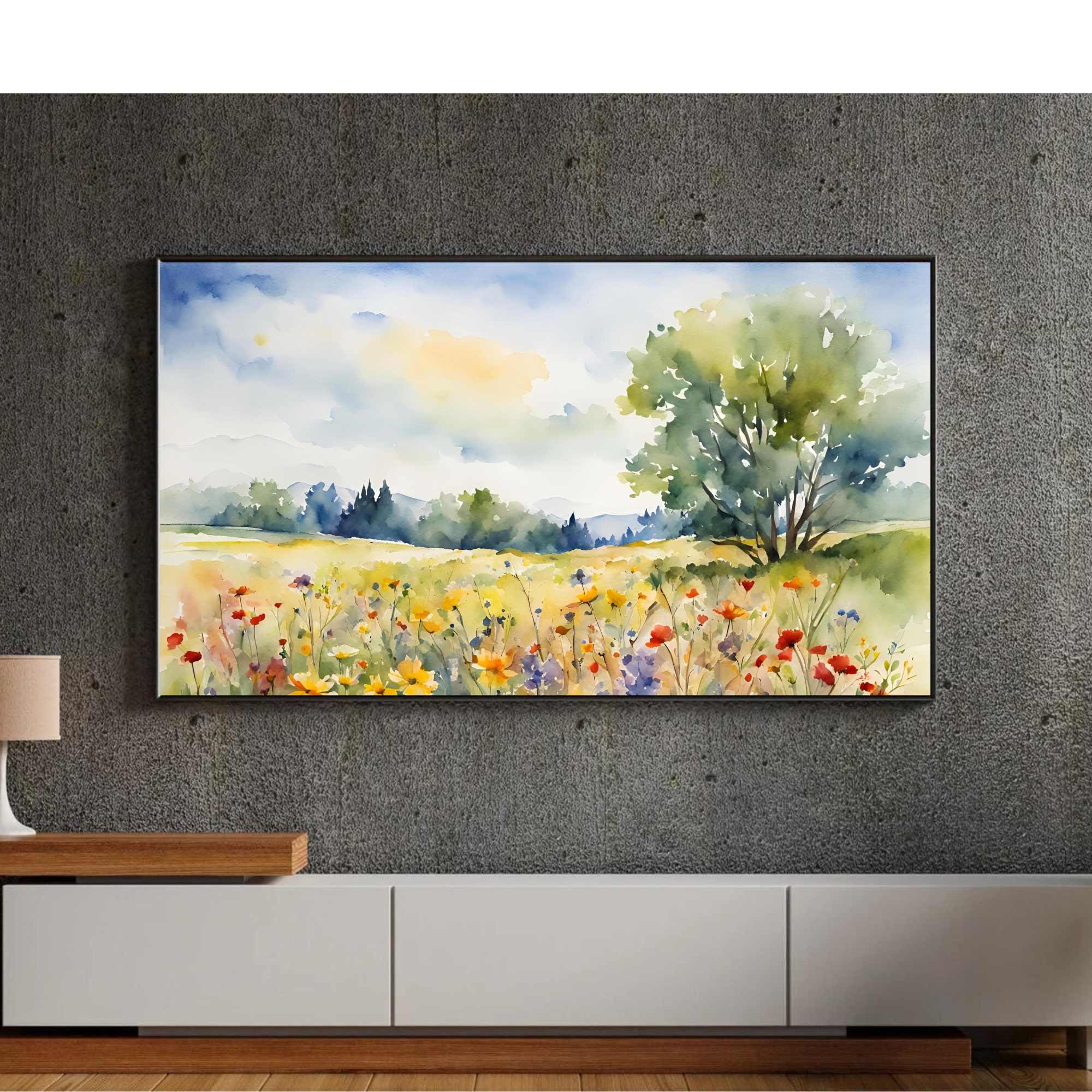 Countryside Frame TV Art. Colorful Spring Nature Decor. Scenic Floral Landscape Watercolor