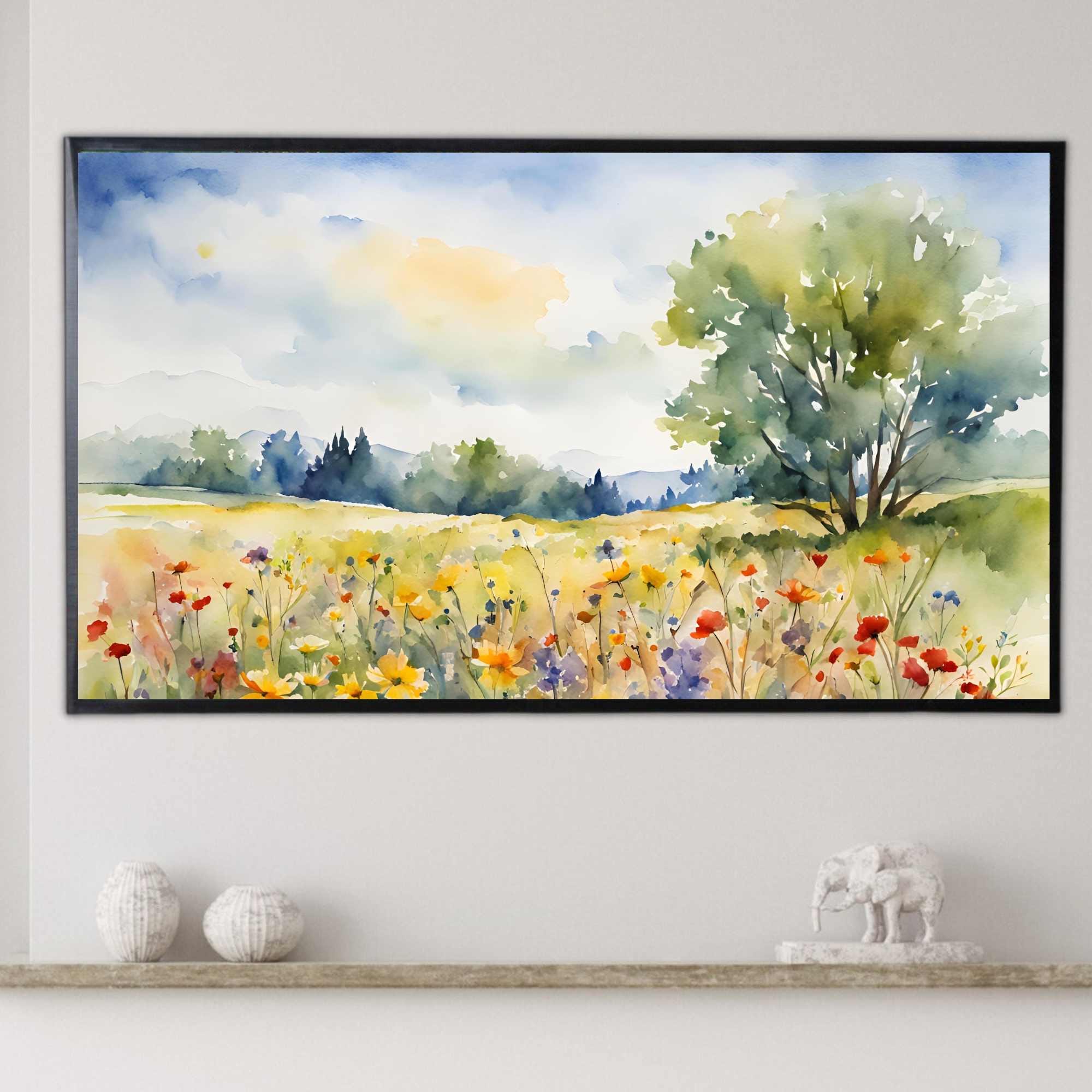 Countryside Frame TV Art. Colorful Spring Nature Decor. Scenic Floral Landscape Watercolor