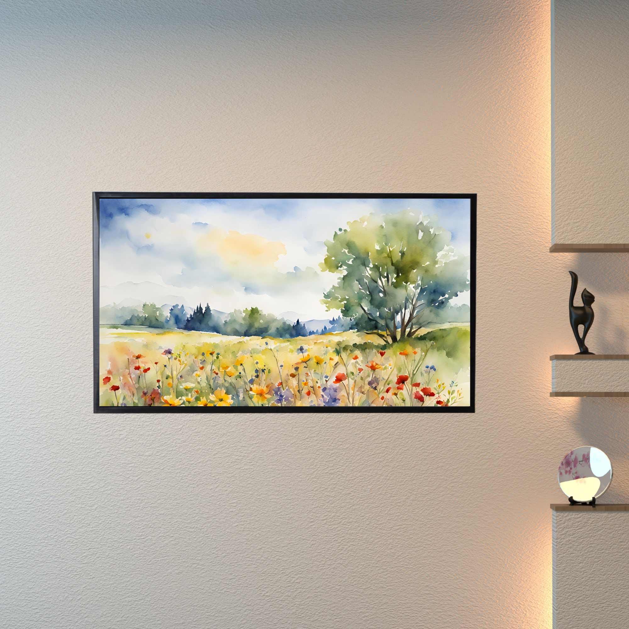 Countryside Frame TV Art. Colorful Spring Nature Decor. Scenic Floral Landscape Watercolor