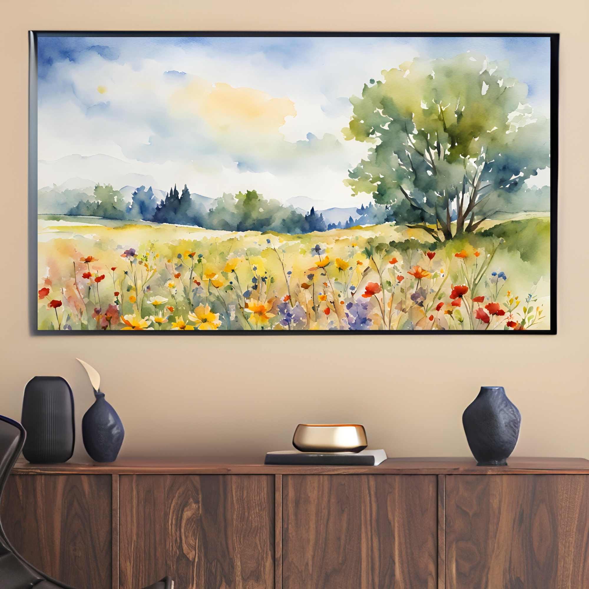 Countryside Frame TV Art. Colorful Spring Nature Decor. Scenic Floral Landscape Watercolor