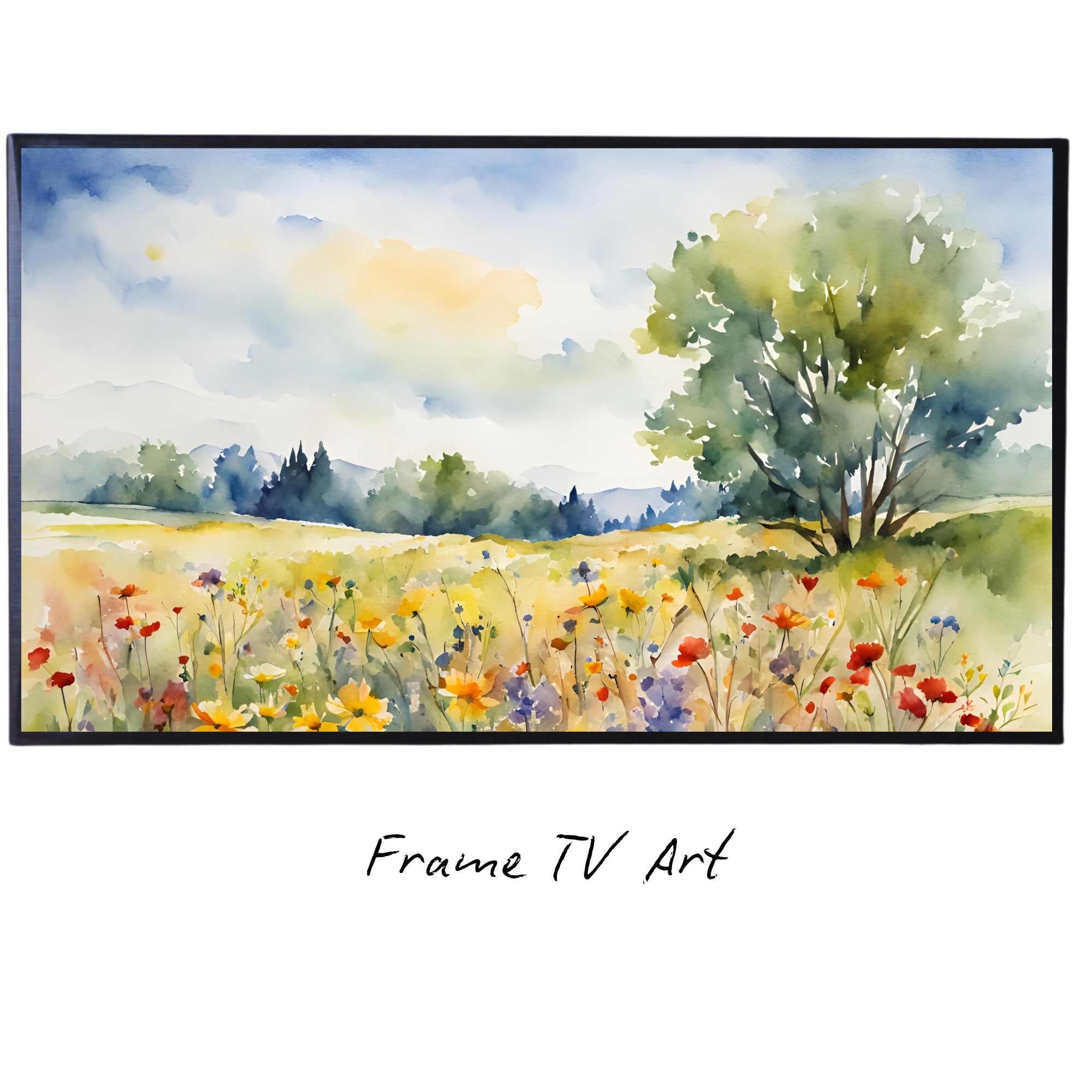 Countryside Frame TV Art. Colorful Spring Nature Decor. Scenic Floral Landscape Watercolor