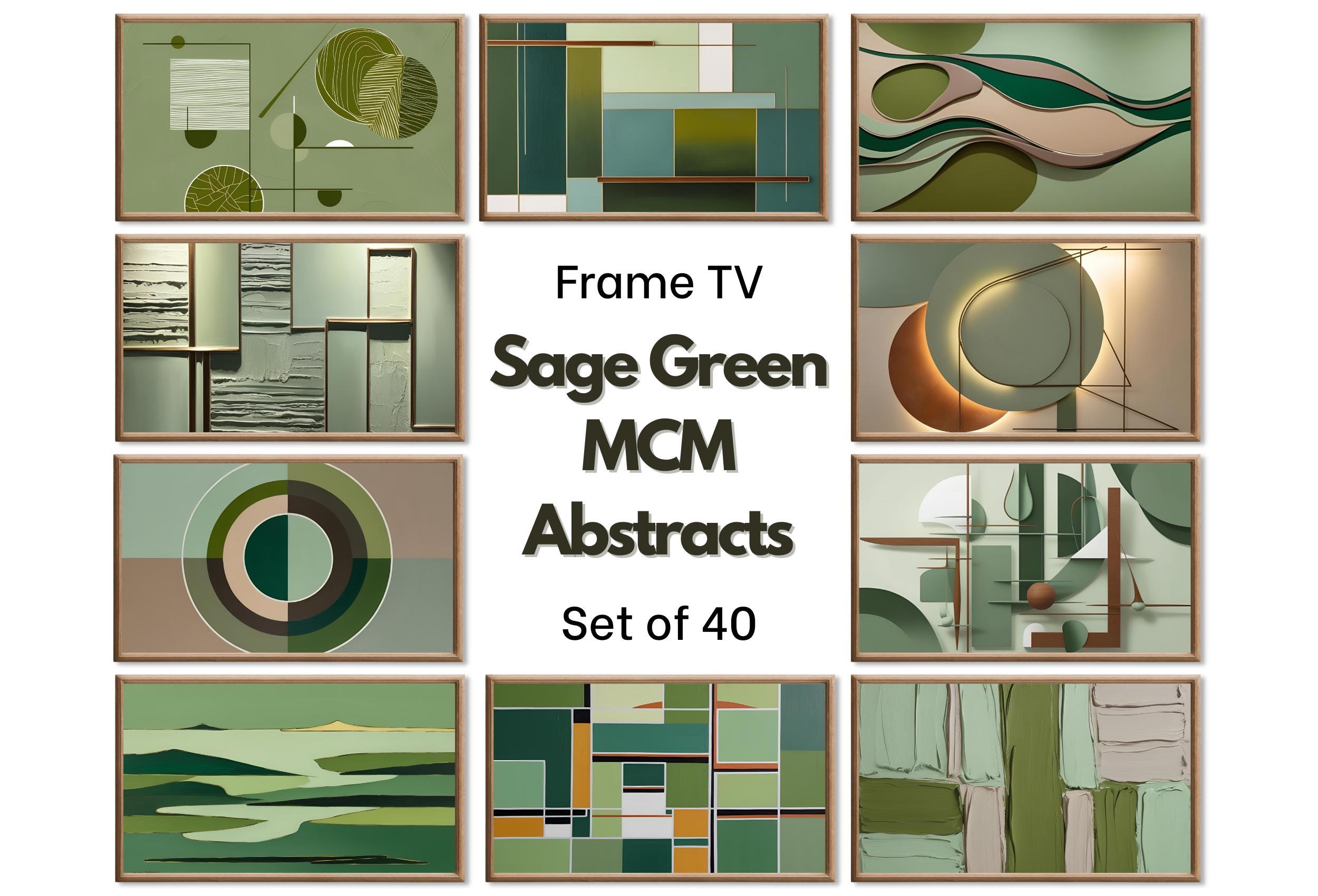 Frame TV Art: Sage Green Wall Art. Midcentury Modern Abstract Paintings Set of 40. Digital Download for Samsung Frame TV, Hisense Canvas TV