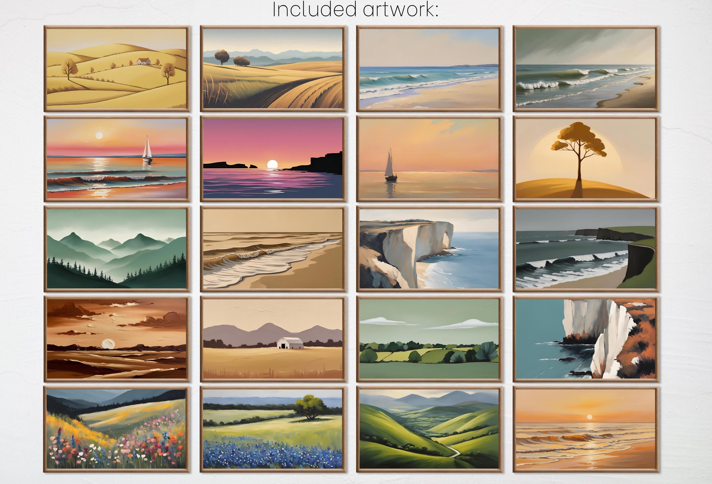 Minimalist Landscape Painting – Samsung Frame TV Art Bundle – Japandi Wall Art, Coastal Decor, Boho, Neutral Minimalist Wall Art Set of 40