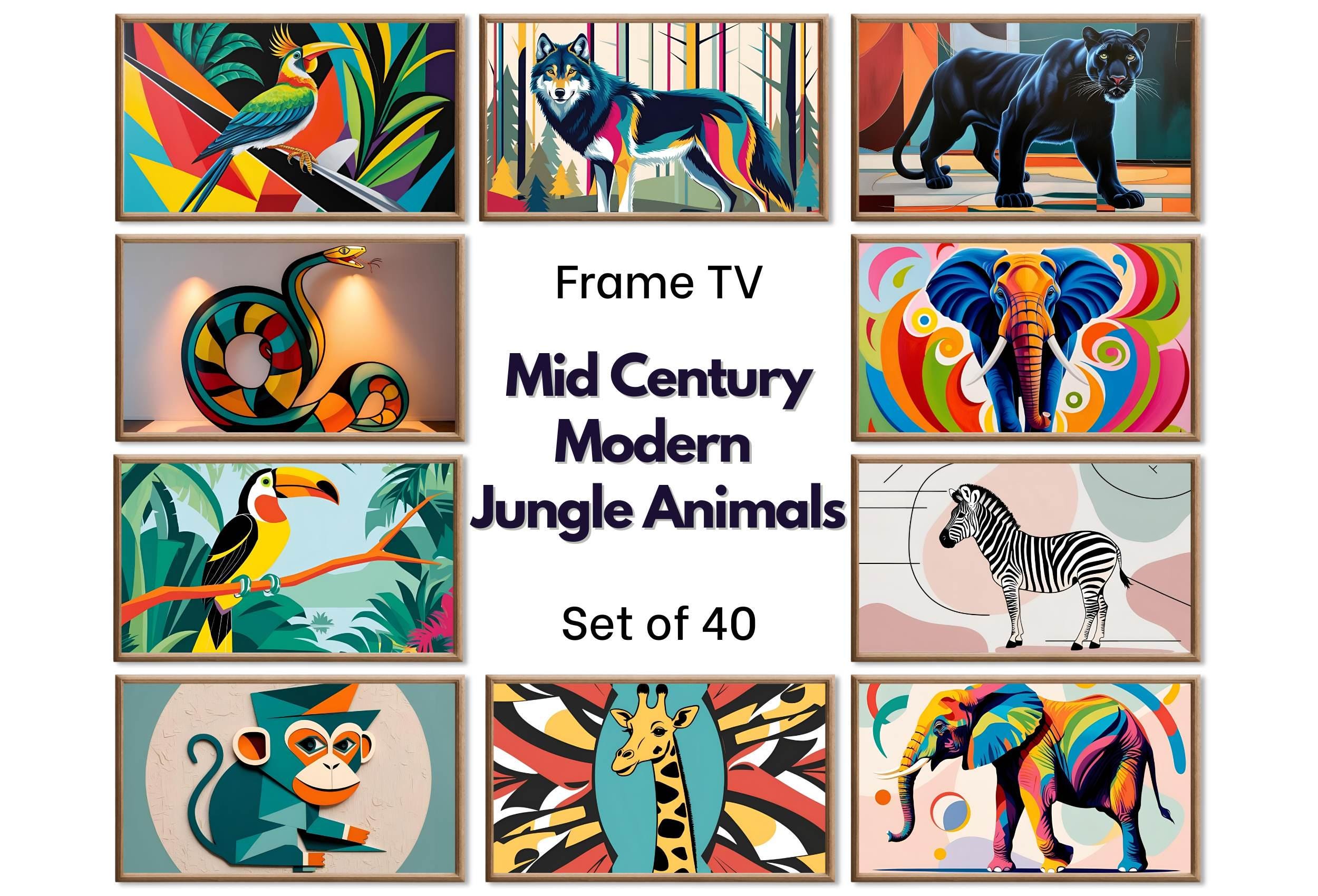 Mid Century Modern Jungle Wall Art for Samsung Frame TV – Animal Tv Art Bundle of 40 – Tiger, Monkey, Lion, Panther, Elephant, Snake Artwork