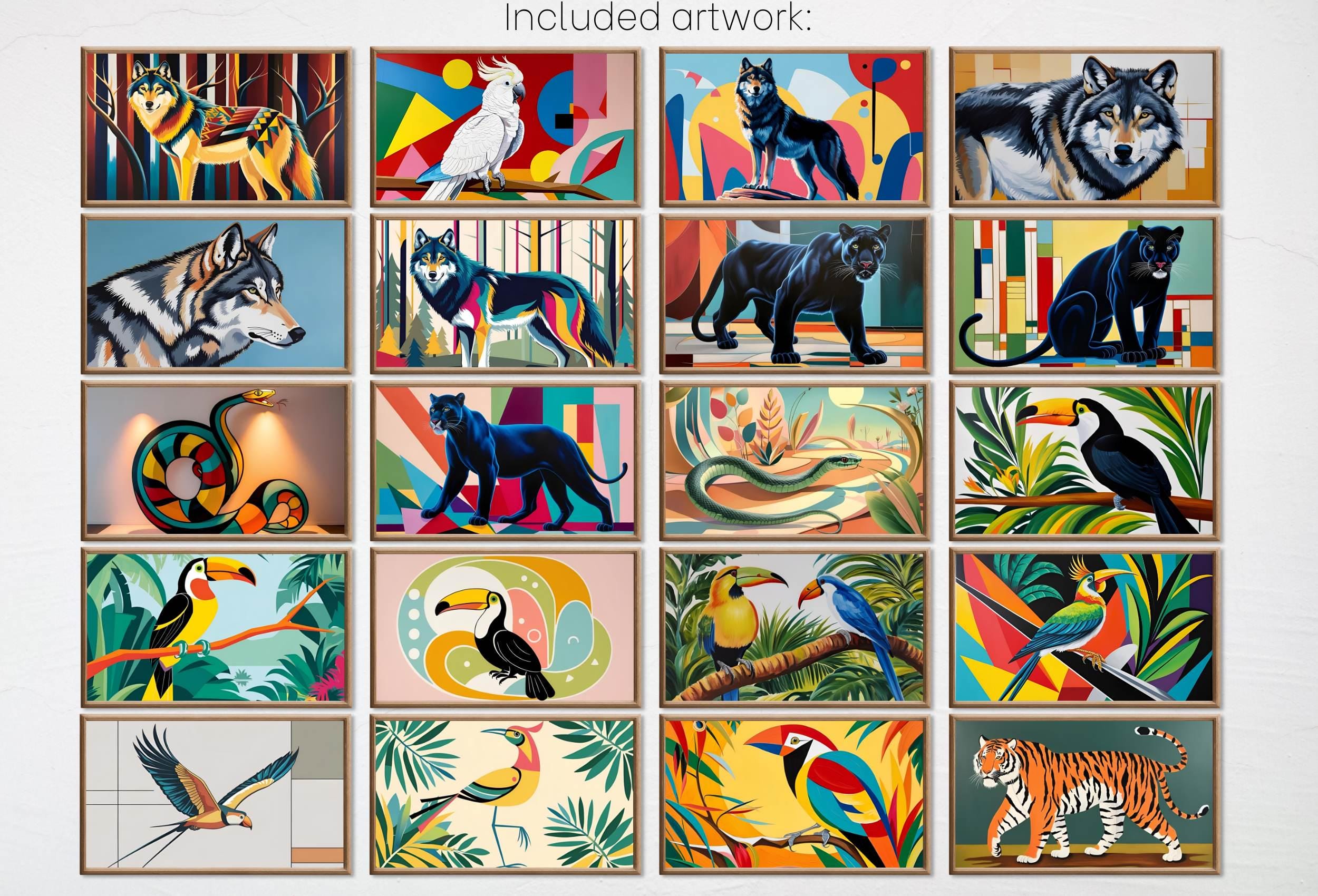Mid Century Modern Jungle Wall Art for Samsung Frame TV – Animal Tv Art Bundle of 40 – Tiger, Monkey, Lion, Panther, Elephant, Snake Artwork