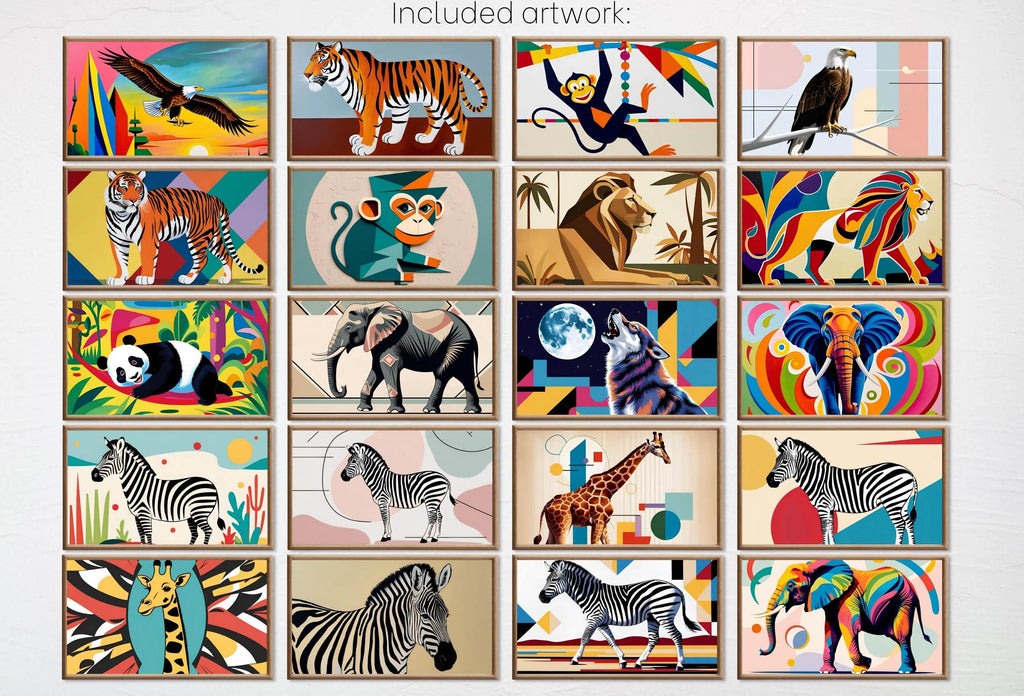Mid Century Modern Jungle Wall Art for Samsung Frame TV – Animal Tv Art Bundle of 40 – Tiger, Monkey, Lion, Panther, Elephant, Snake Artwork