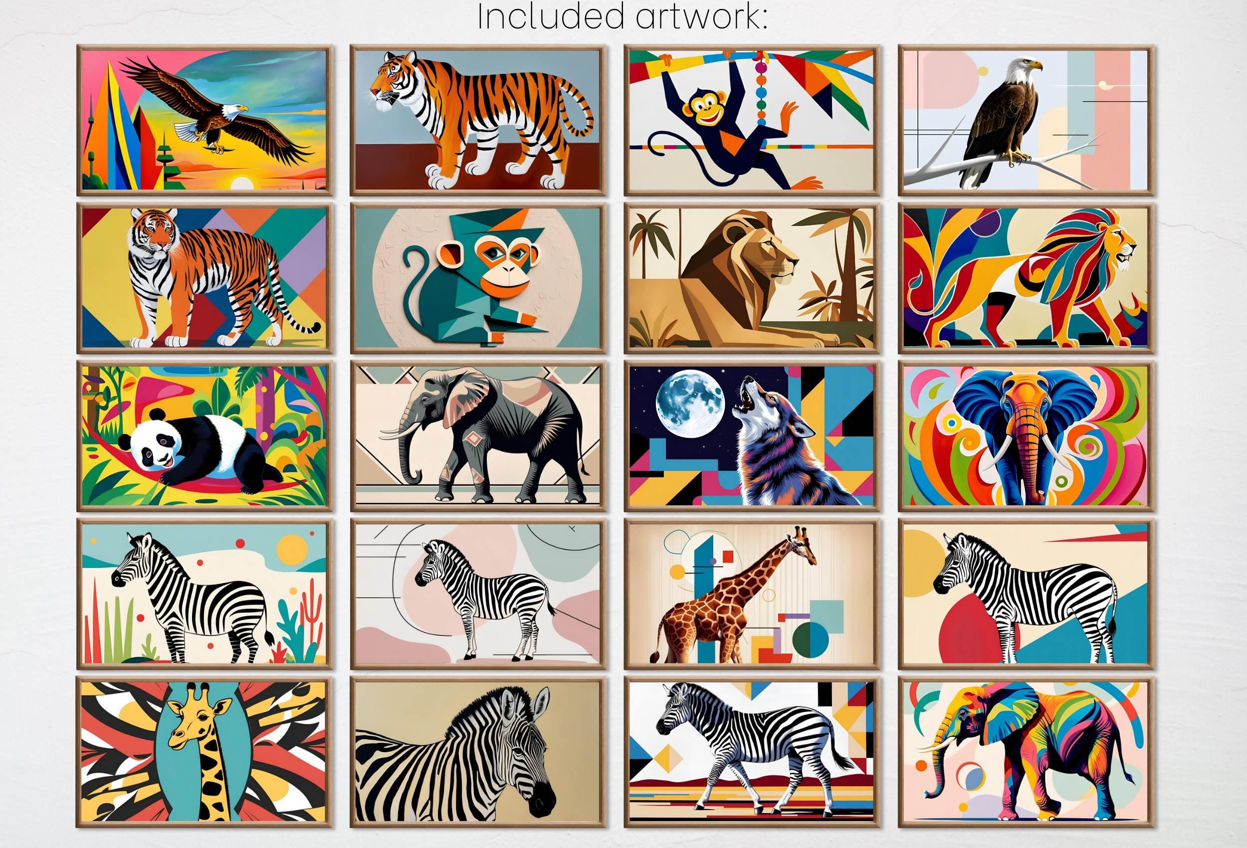 Mid Century Modern Jungle Wall Art for Samsung Frame TV – Animal Tv Art Bundle of 40 – Tiger, Monkey, Lion, Panther, Elephant, Snake Artwork