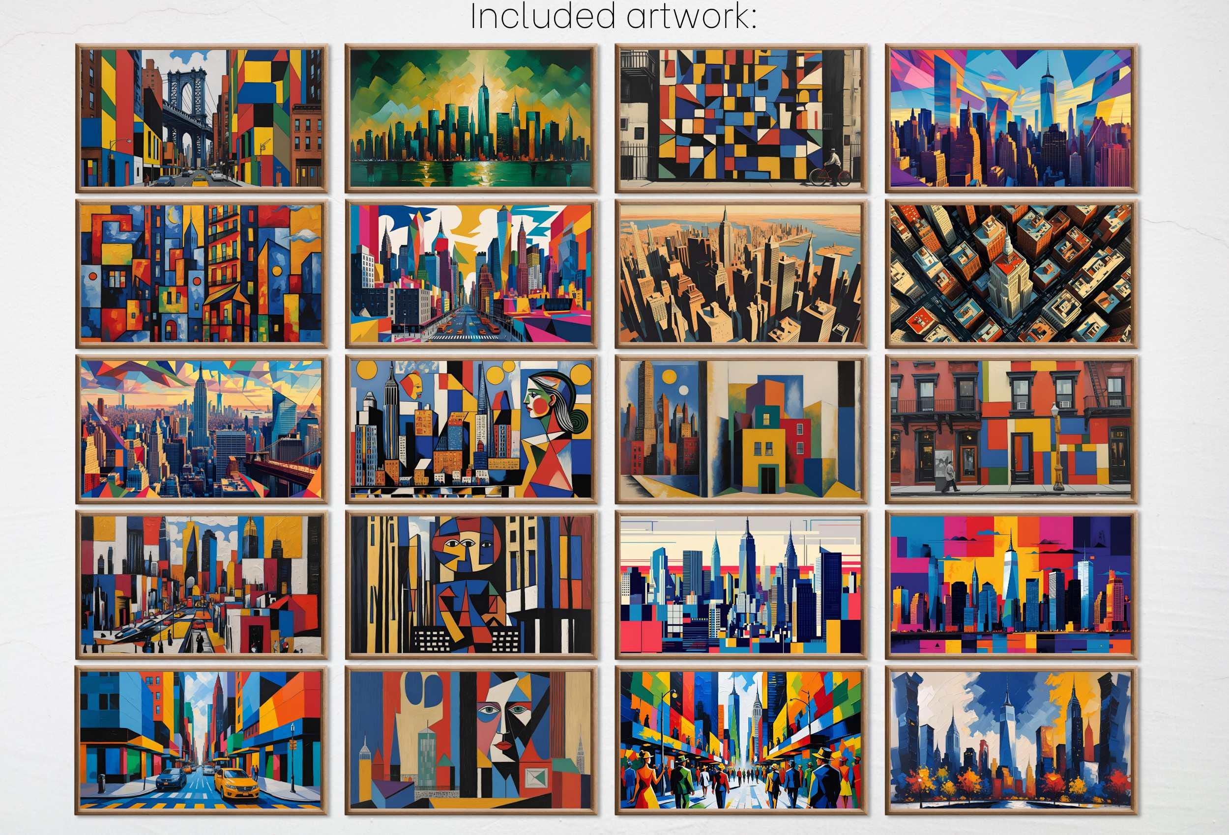New York Wall Art Geometric Abstracts for Samsung Frame TV | Cubist Cityscape Maximalist Decor | Frame TV Art Set| Modern Original Paintings