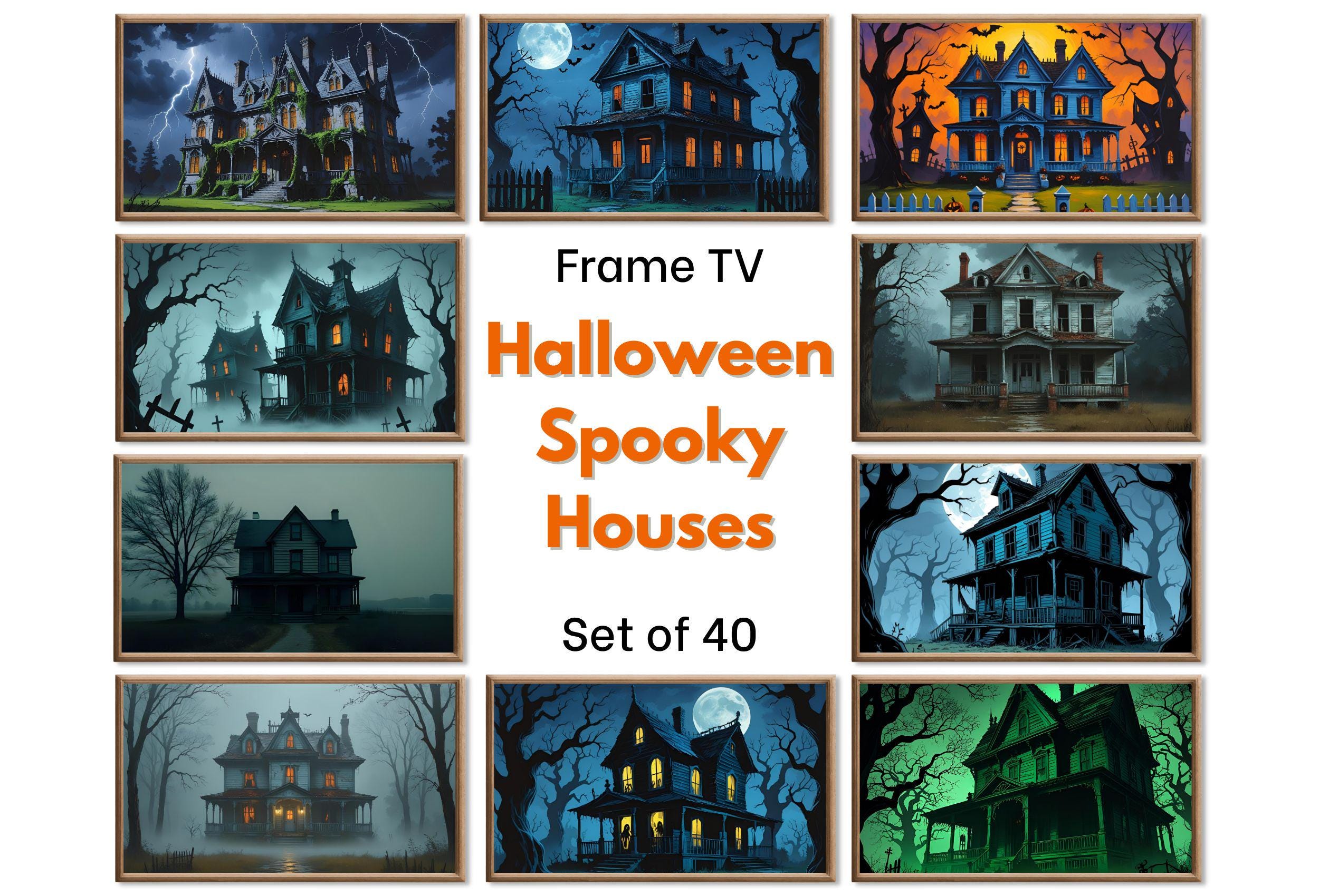 Halloween Haunted House Digital Art for Samsung Frame TV - 40 Spooky Season TV Wall Decor Downloads for Halloween Home Decor. Set of 40