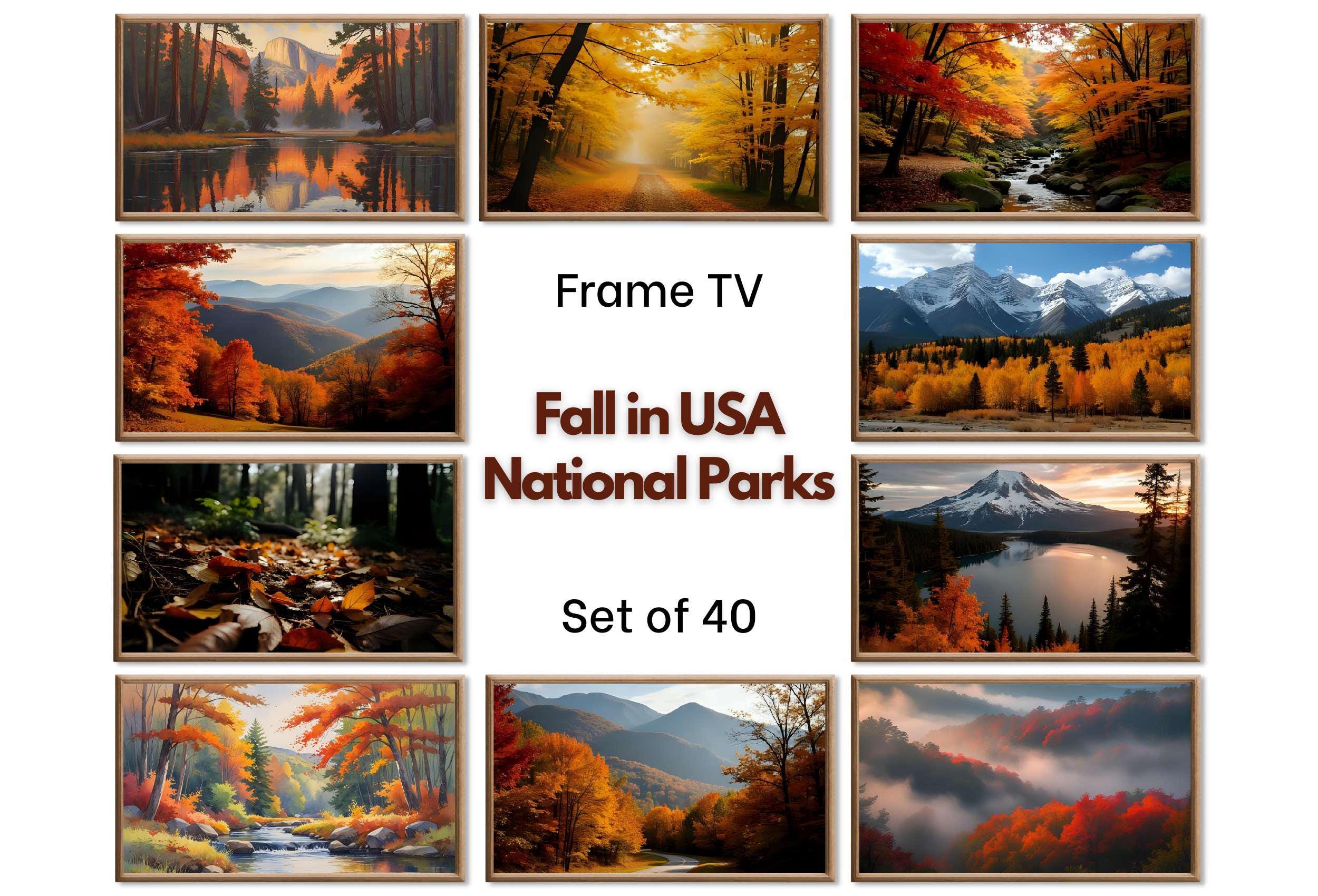 Fall in USA National Parks Frame TV Art  |  Autumn Wall Art Digital Download   |   Yosemite Mountain Lake Forest